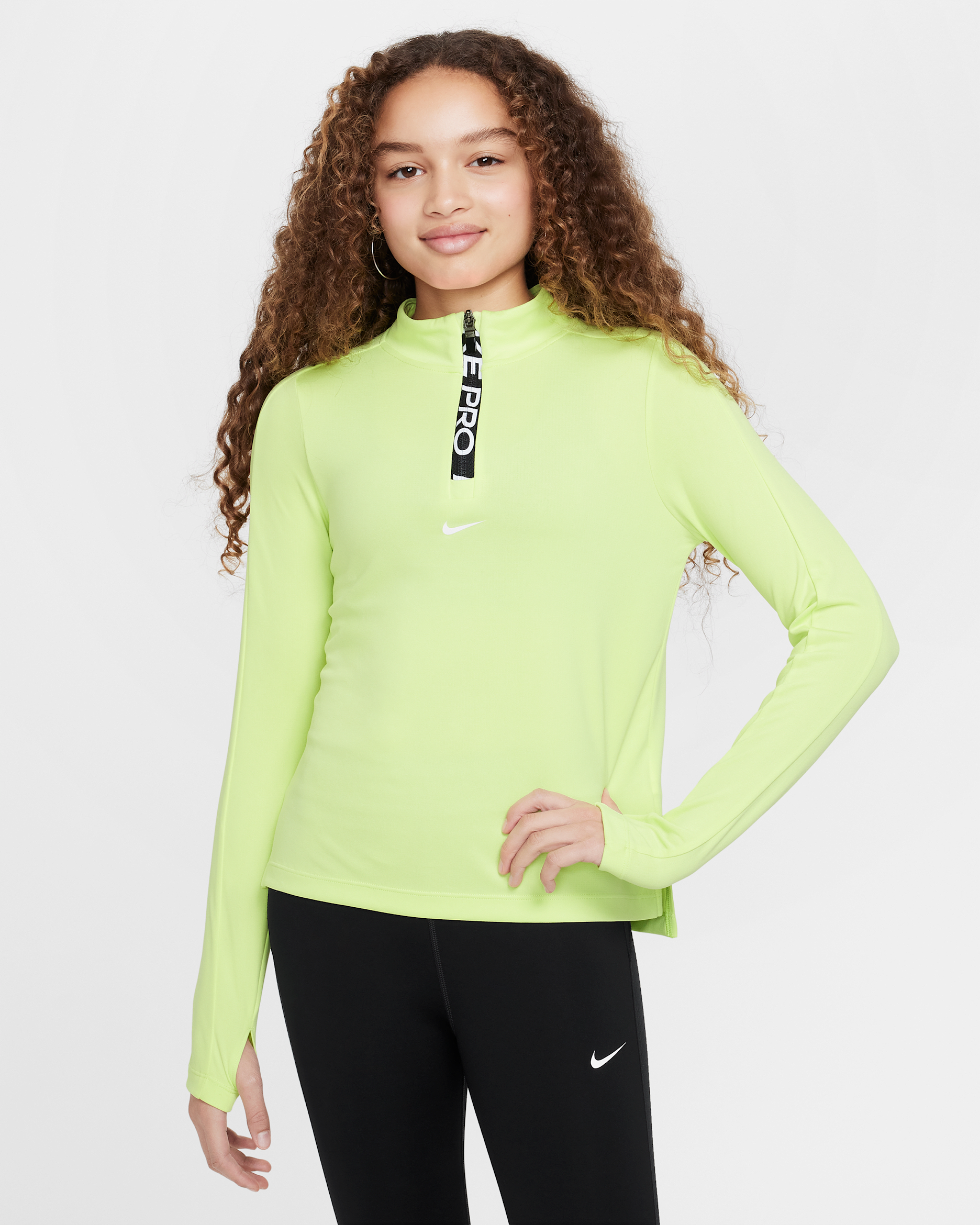 Haut à manches longues et demi-zip Nike Pro Dri-FIT pour fille - Light Lemon Twist/Blanc