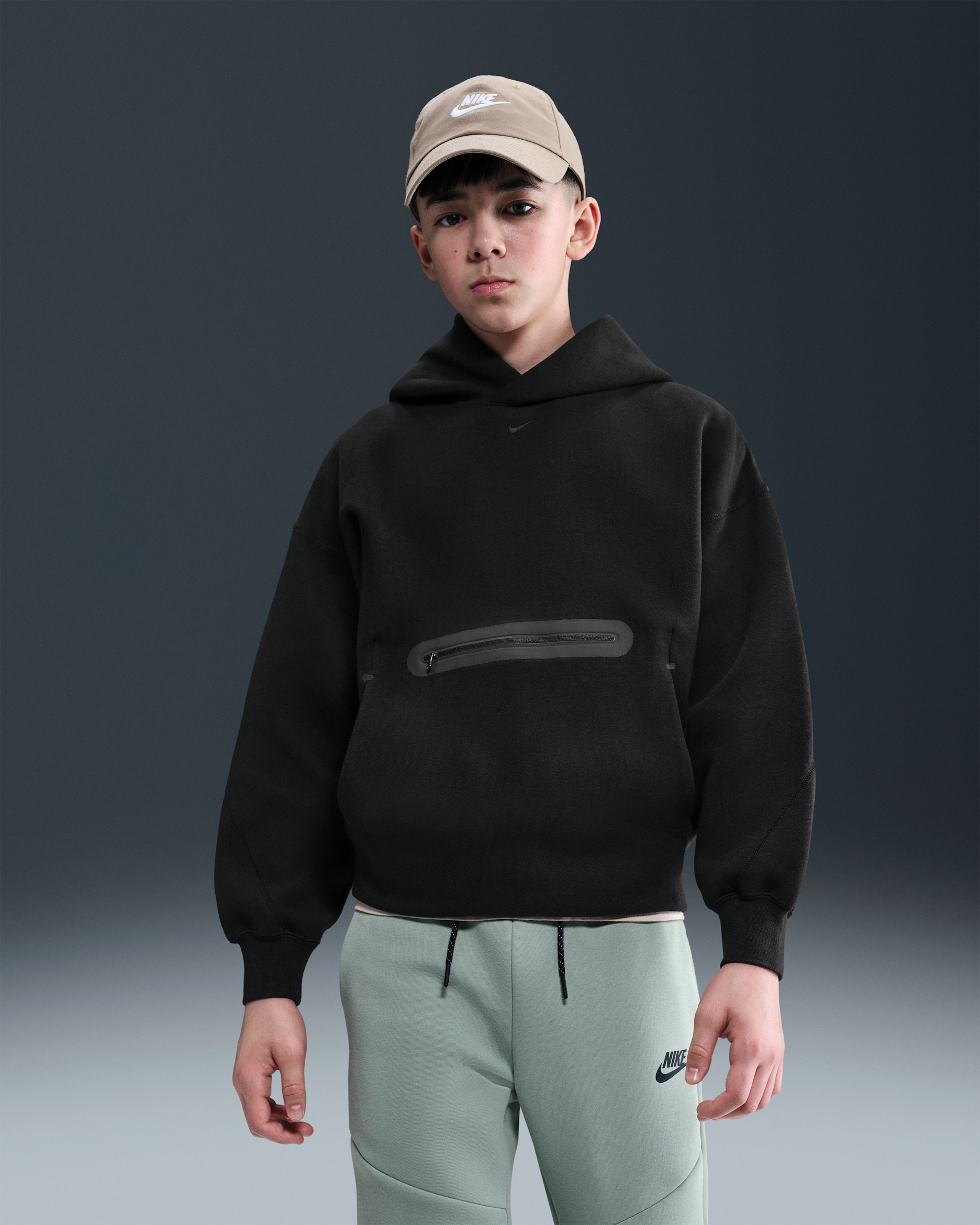 Nike Sportswear Tech Fleece Big Kids' (Boys') Oversized Pullover Hoodie - Black/Black