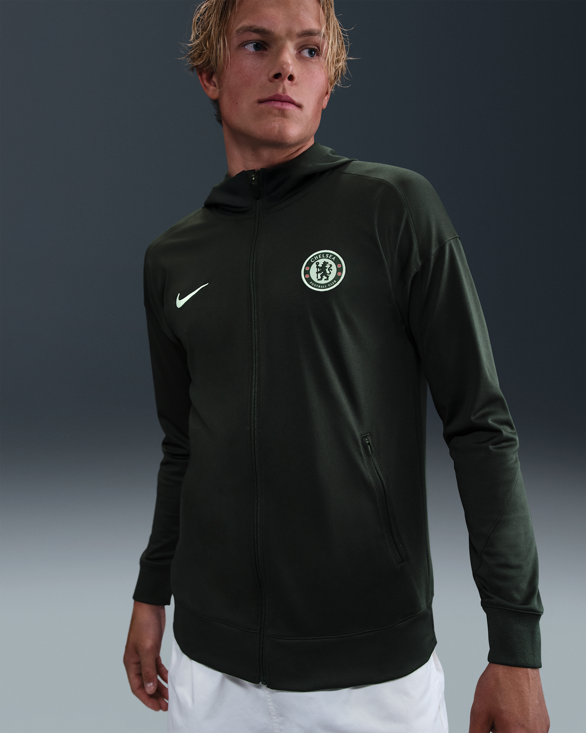 Chelsea F.C. Strike Men's Nike Dri-FIT Football Hooded Knit Tracksuit Jacket - Outdoor Green/Phantom