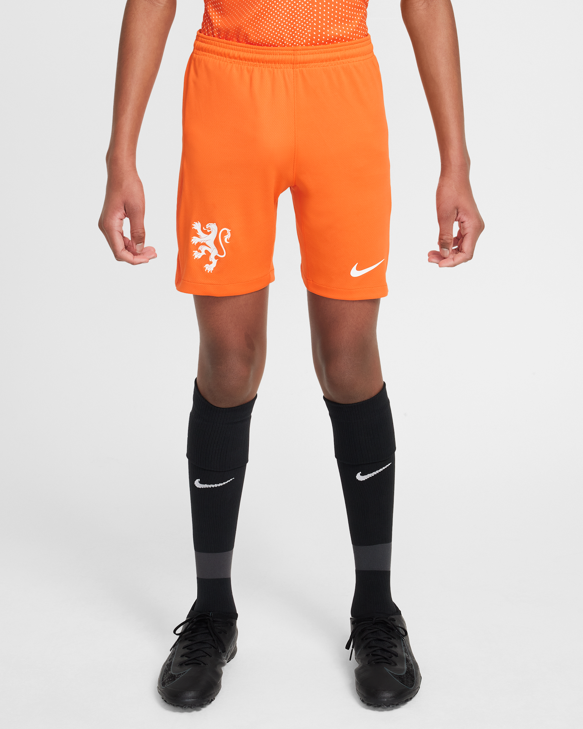 Netherlands 2025/26 Stadium Home Older Kids' Nike Dri-FIT Football Replica Shorts - Safety Orange/White