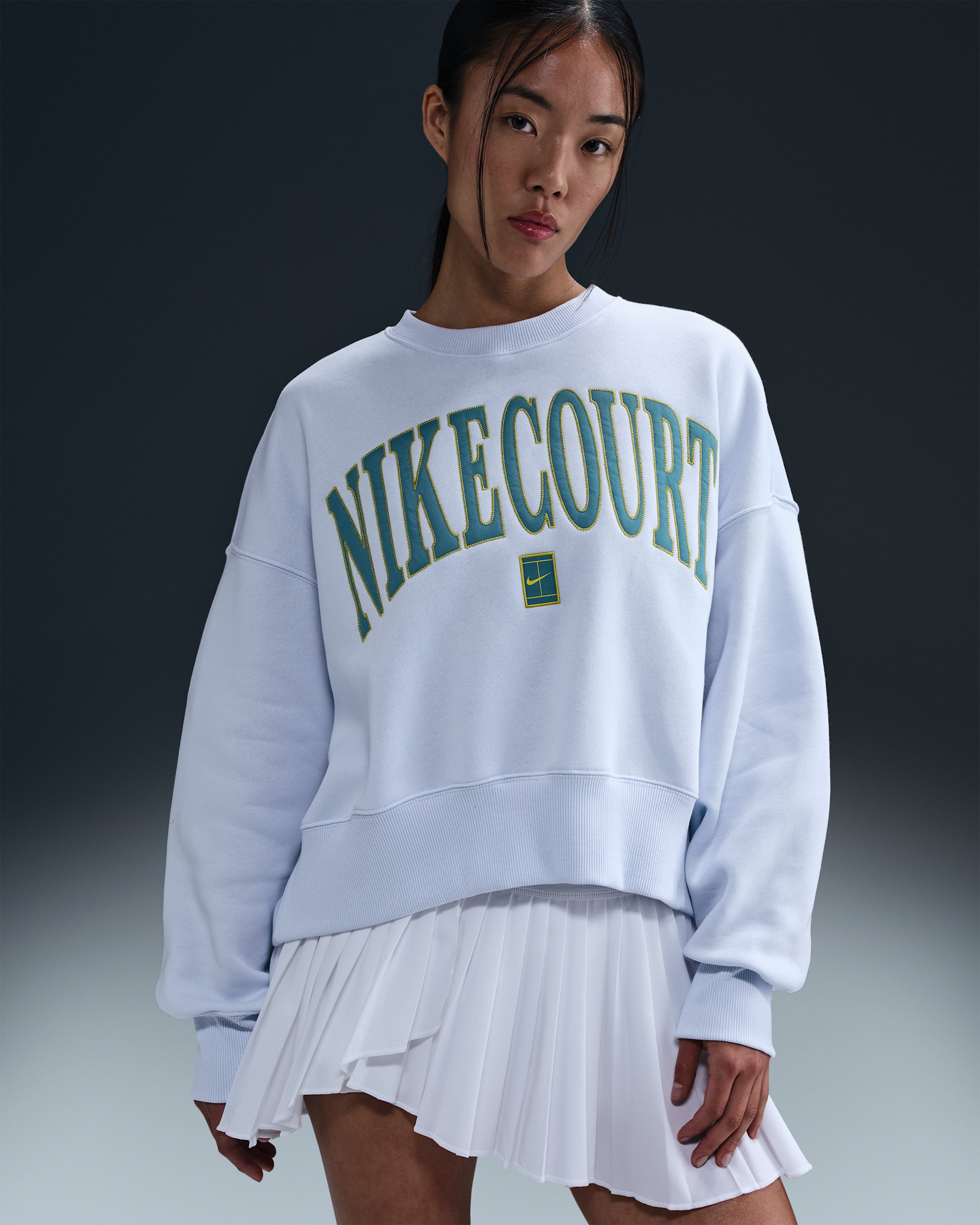 NikeCourt Phoenix Fleece Women's Over-Oversized Crew-Neck Tennis Sweatshirt - Football Grey/Football Grey/High Voltage/Mineral Teal