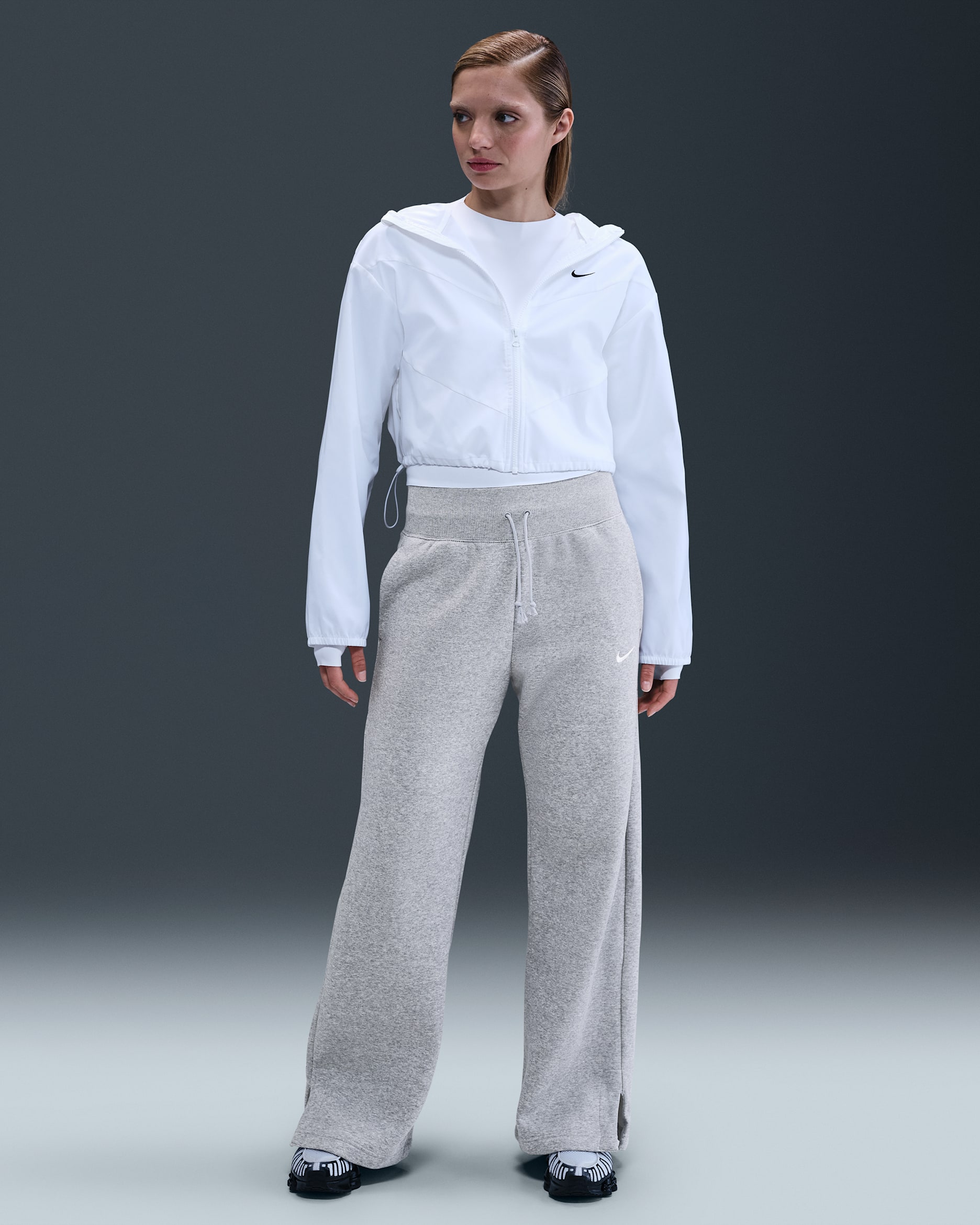 Nike Sportswear Phoenix Fleece Damen-Trainingshose mit hohem Taillenbund und weitem Bein - Dark Grey Heather/Sail