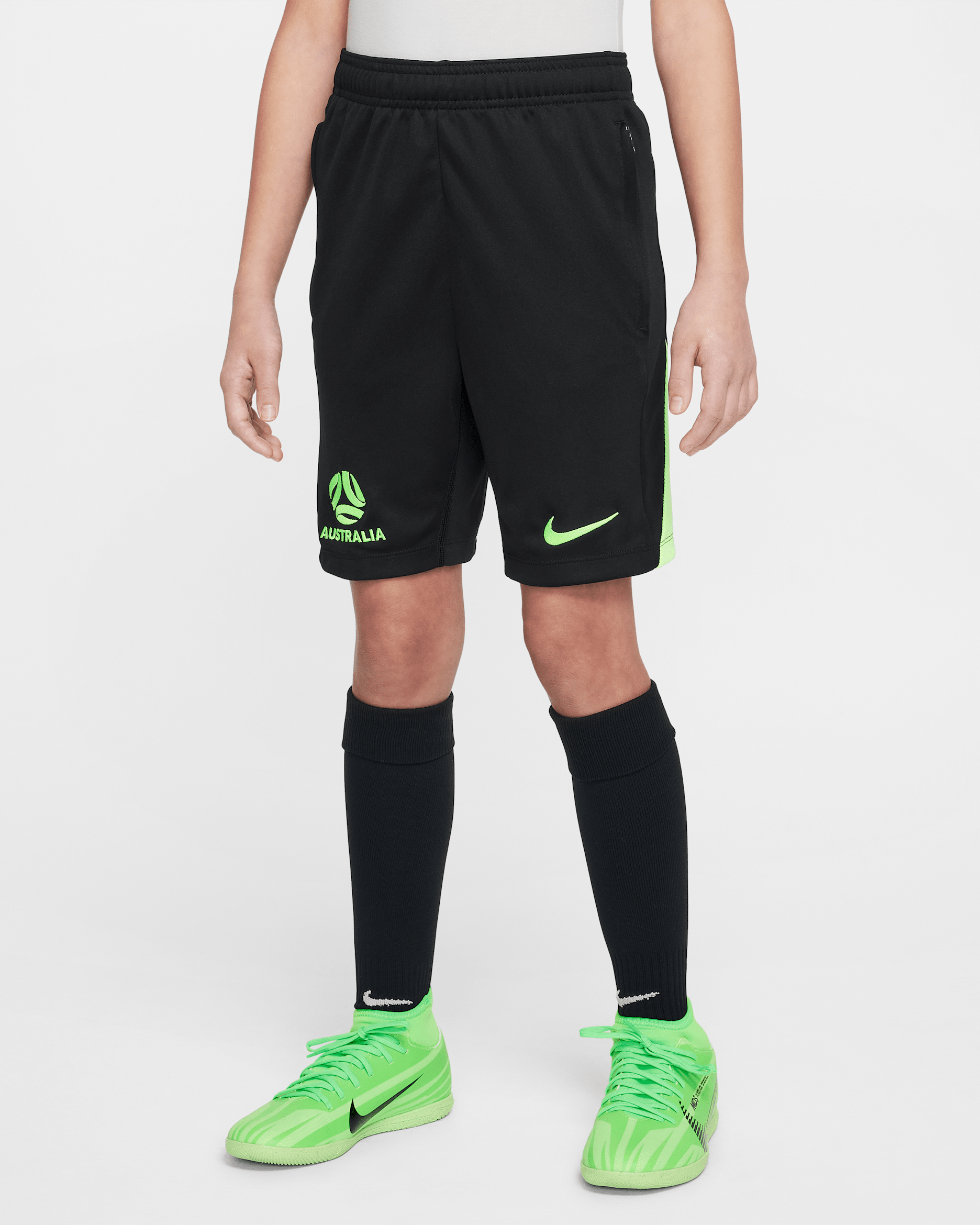 Australia Academy Pro Older Kids' Nike Dri-FIT Football Knit Shorts - Black/Lime Blast/Lime Blast