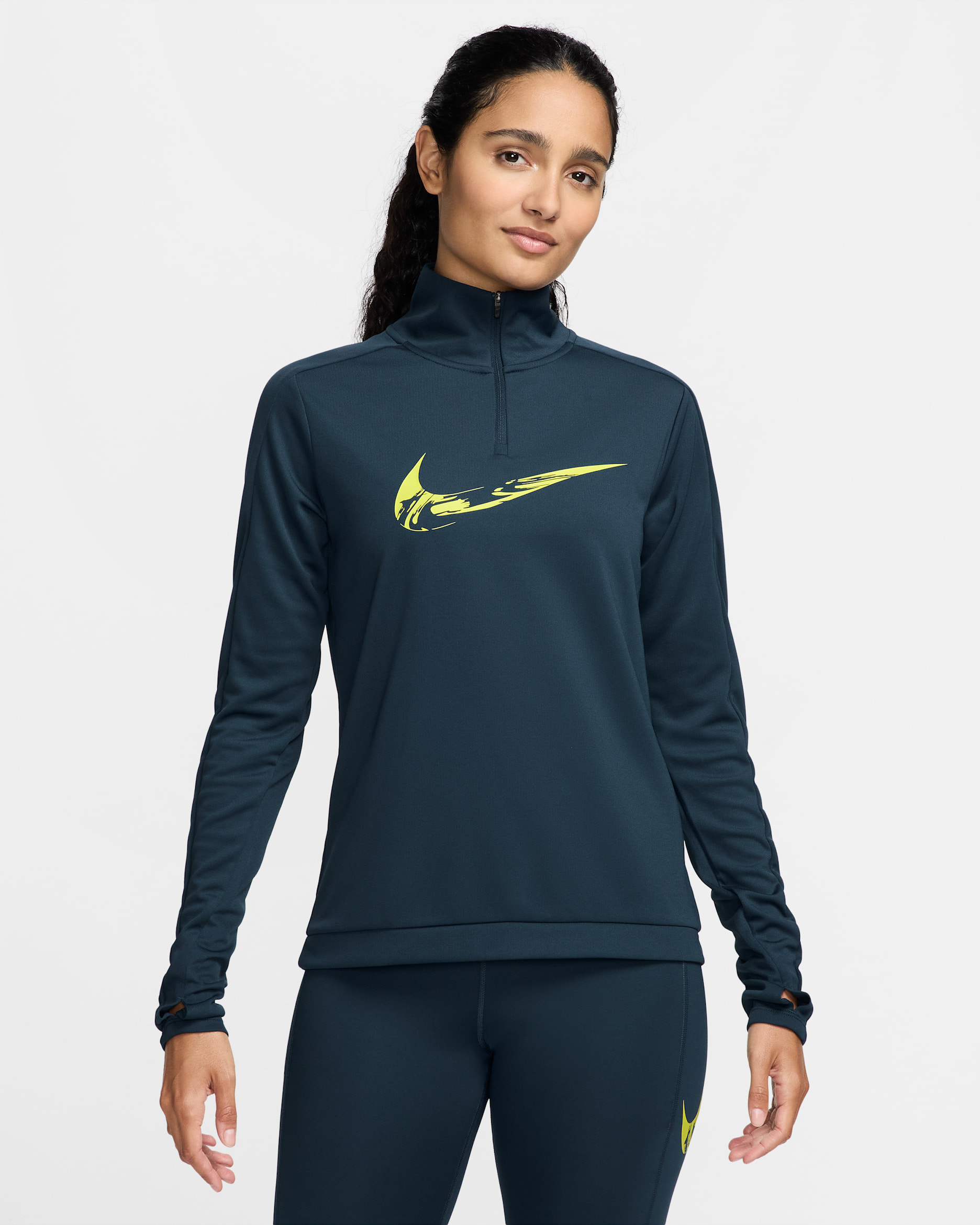 Capa intermedia de correr Dri-FIT con cierre de 1/4 para mujer Nike Swoosh - Azul marino militar/Cactus brillante