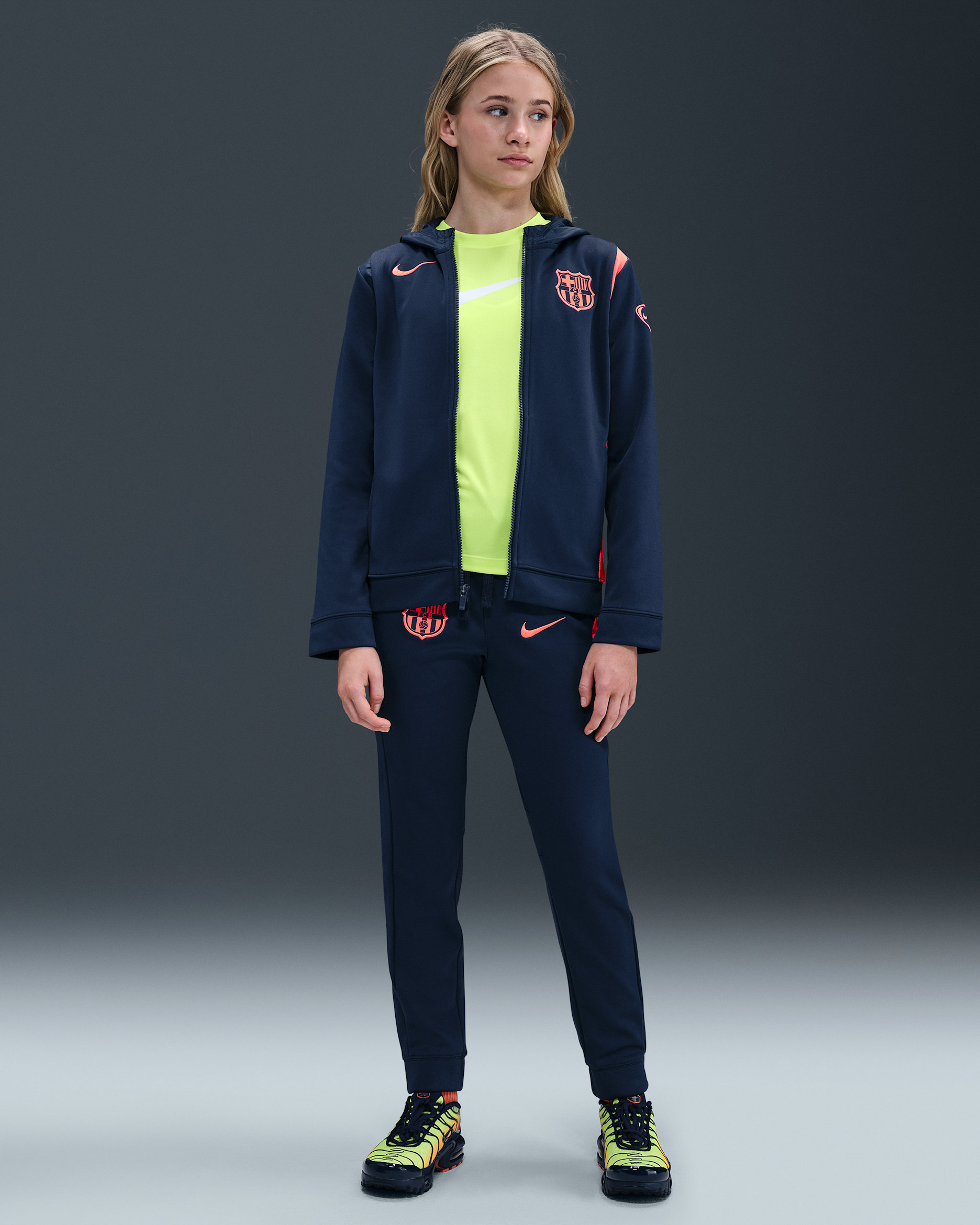 F.C. Barcelona Third Older Kids' Nike Total 90 Football Woven Tracksuit - Midnight Navy/Bright Mango/Bright Mango