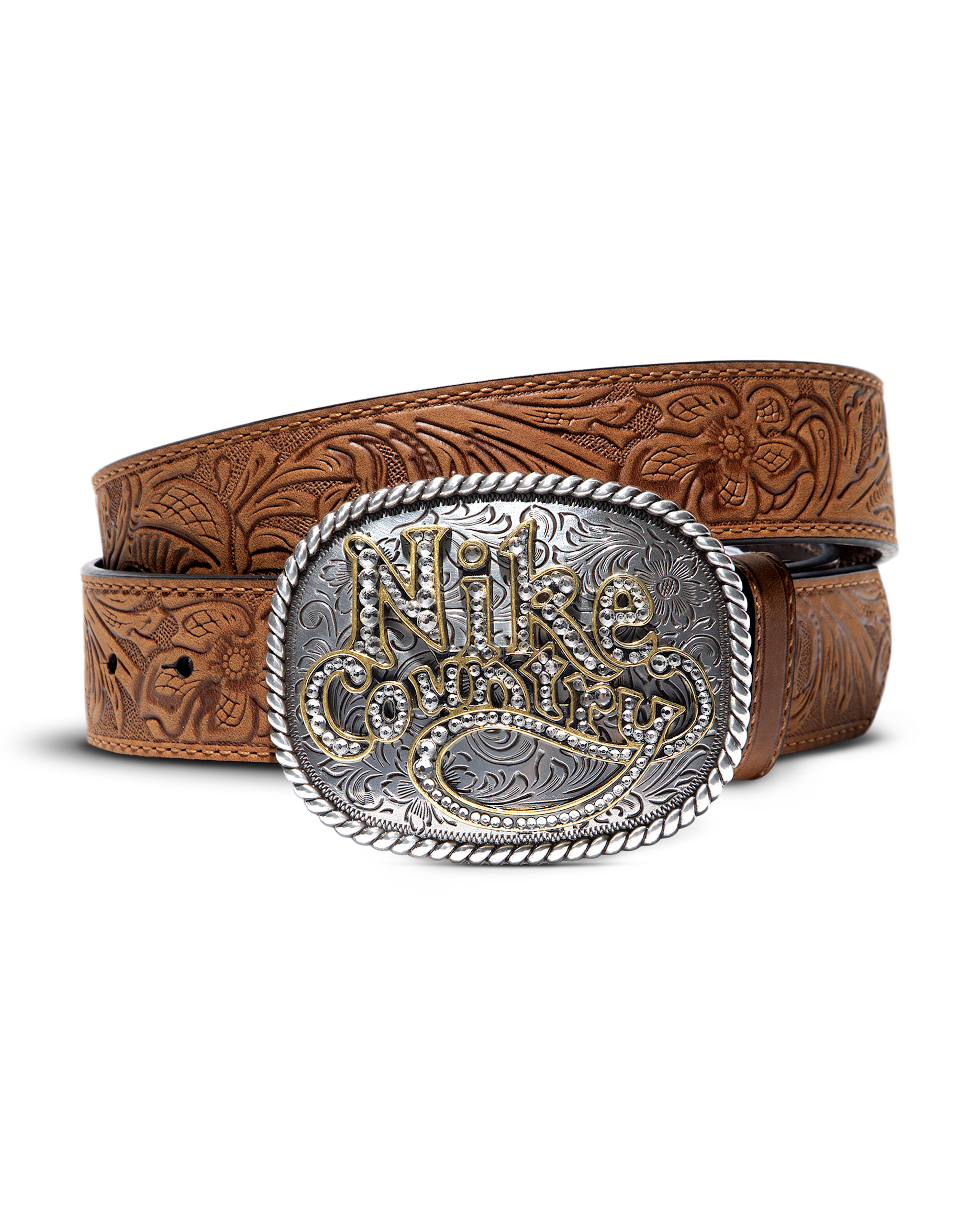 Nike Country Men's Rhinestone Plaque Buckle Embossed Leather Belt - Tan/Beige