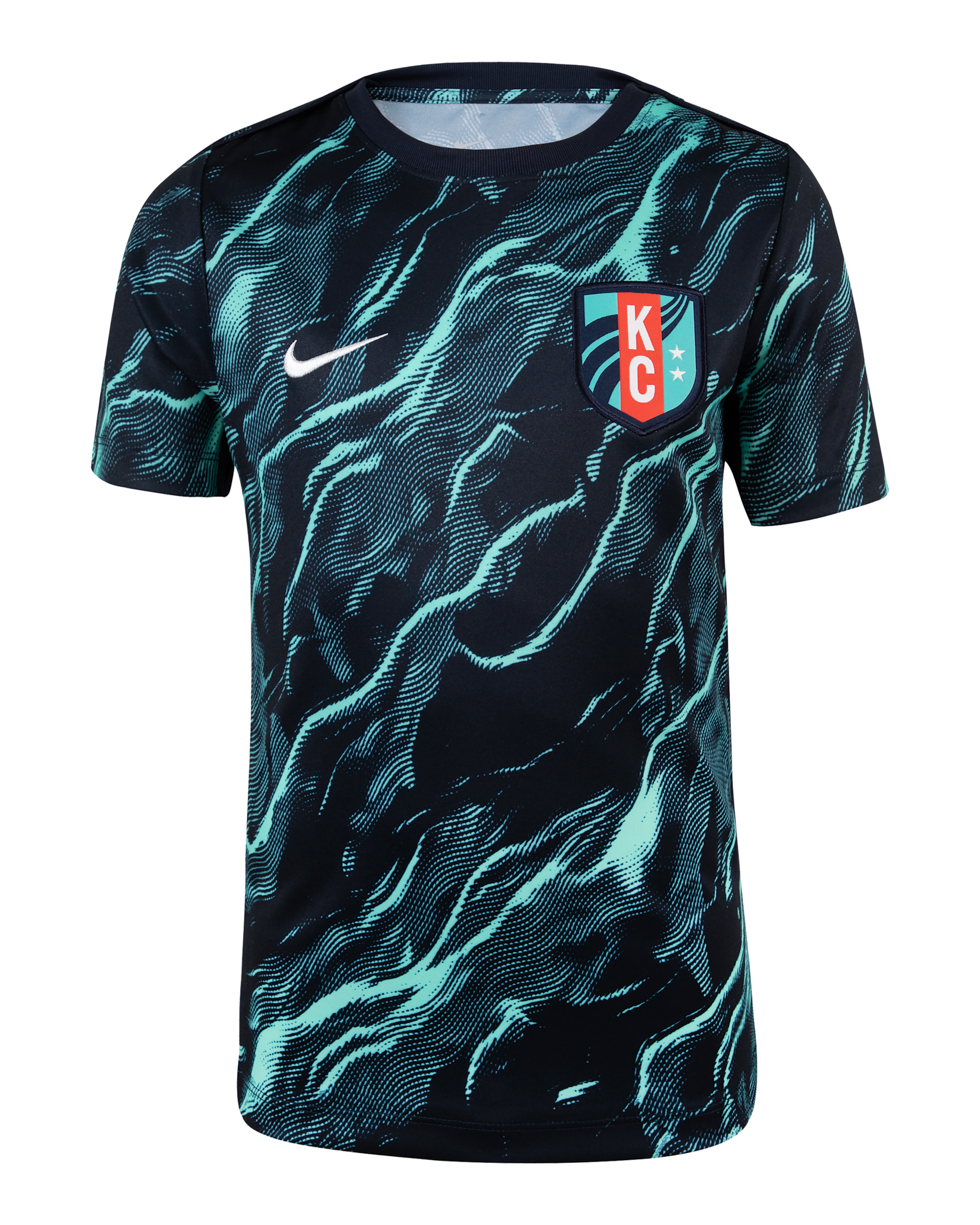 KC Current 2025 Big Kids' Nike NWSL Short-Sleeve Pre-Match Top - Hyper Turquoise/Dark Obsidian