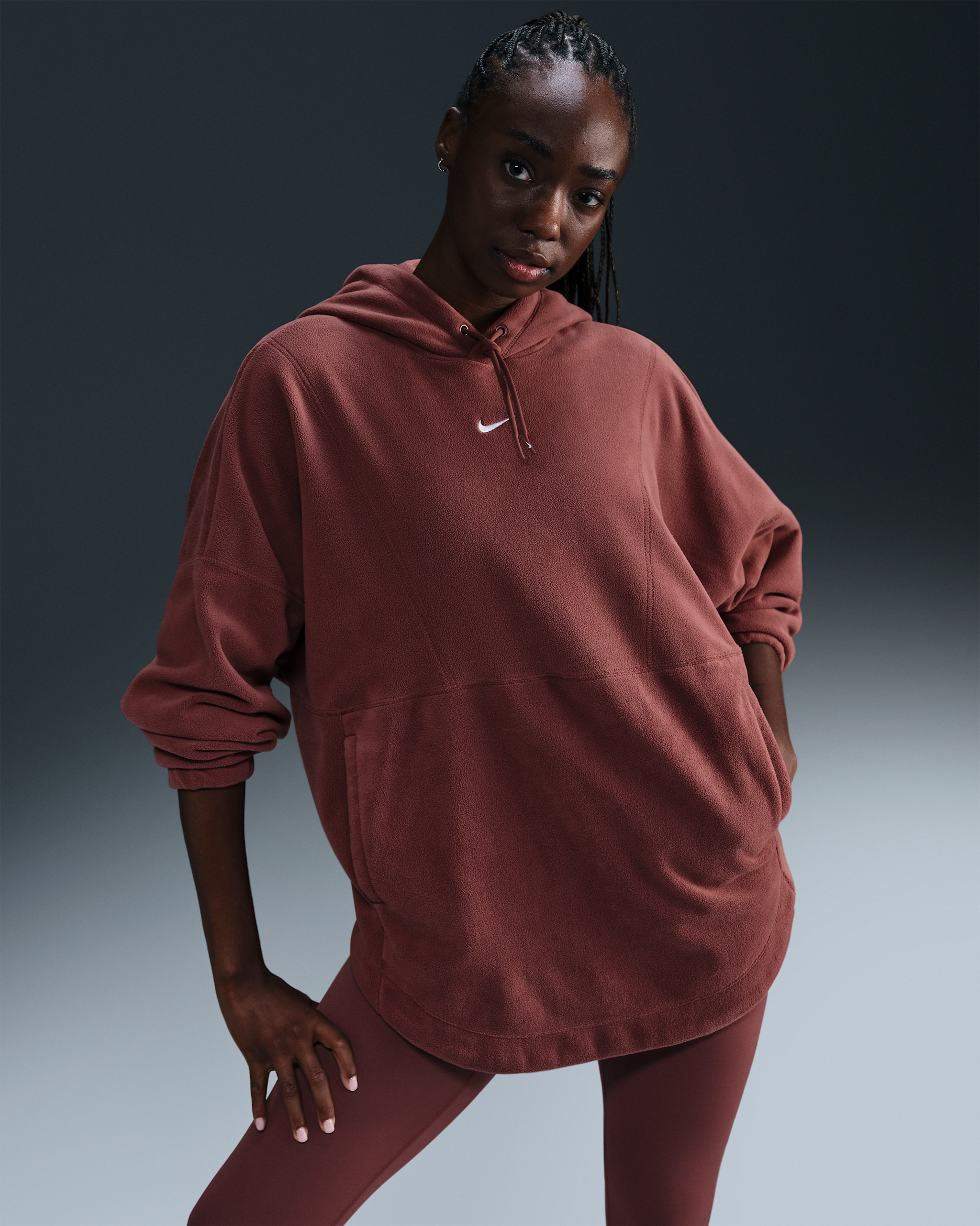 Nike One Women's Oversized Therma-FIT Pullover Fleece Hoodie - Red Sepia/White