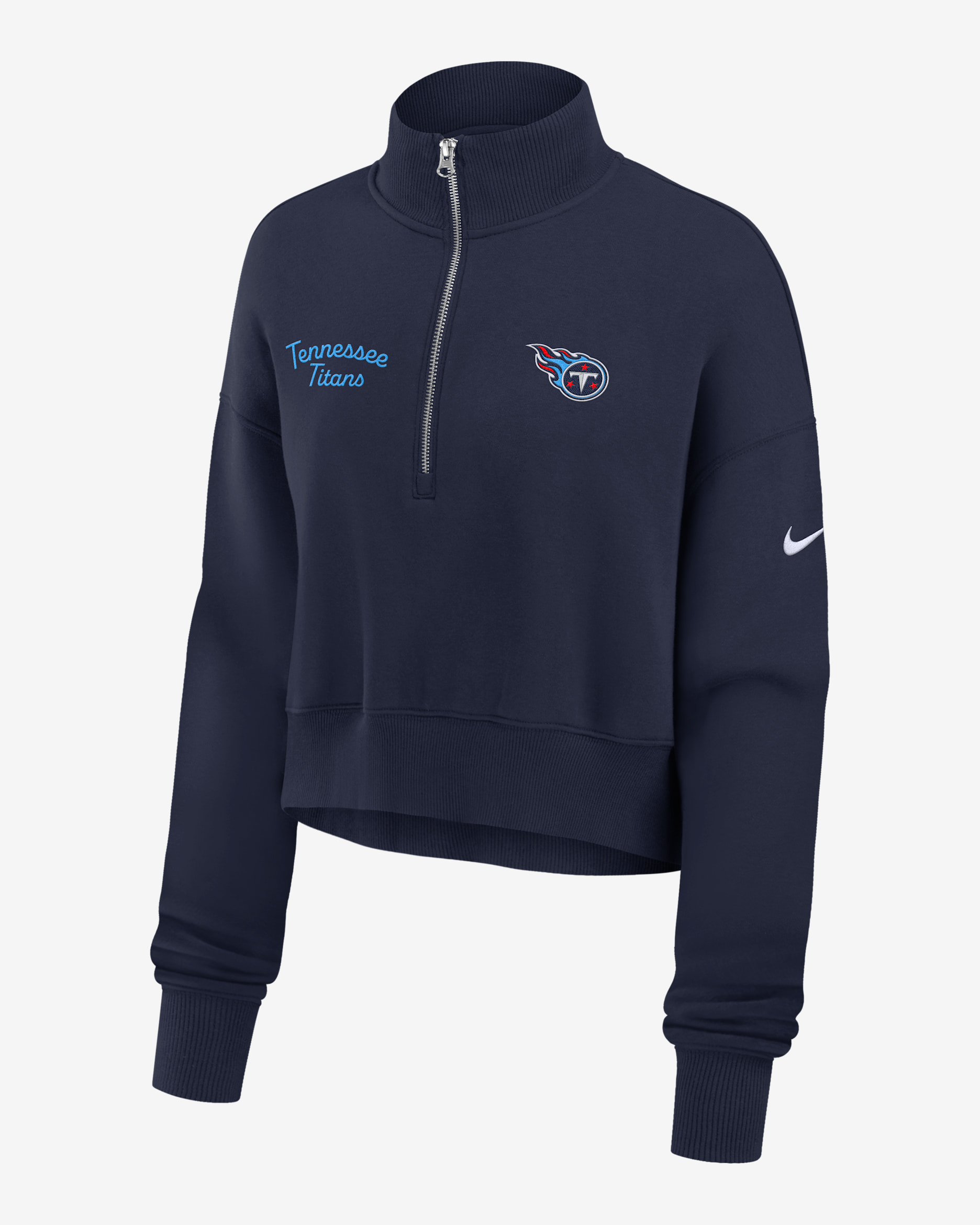 Sudadera de cuello redondo Nike de la NFL cropped de cierre de 1/4 para mujer Tennessee Titans Phoenix - Azul marino