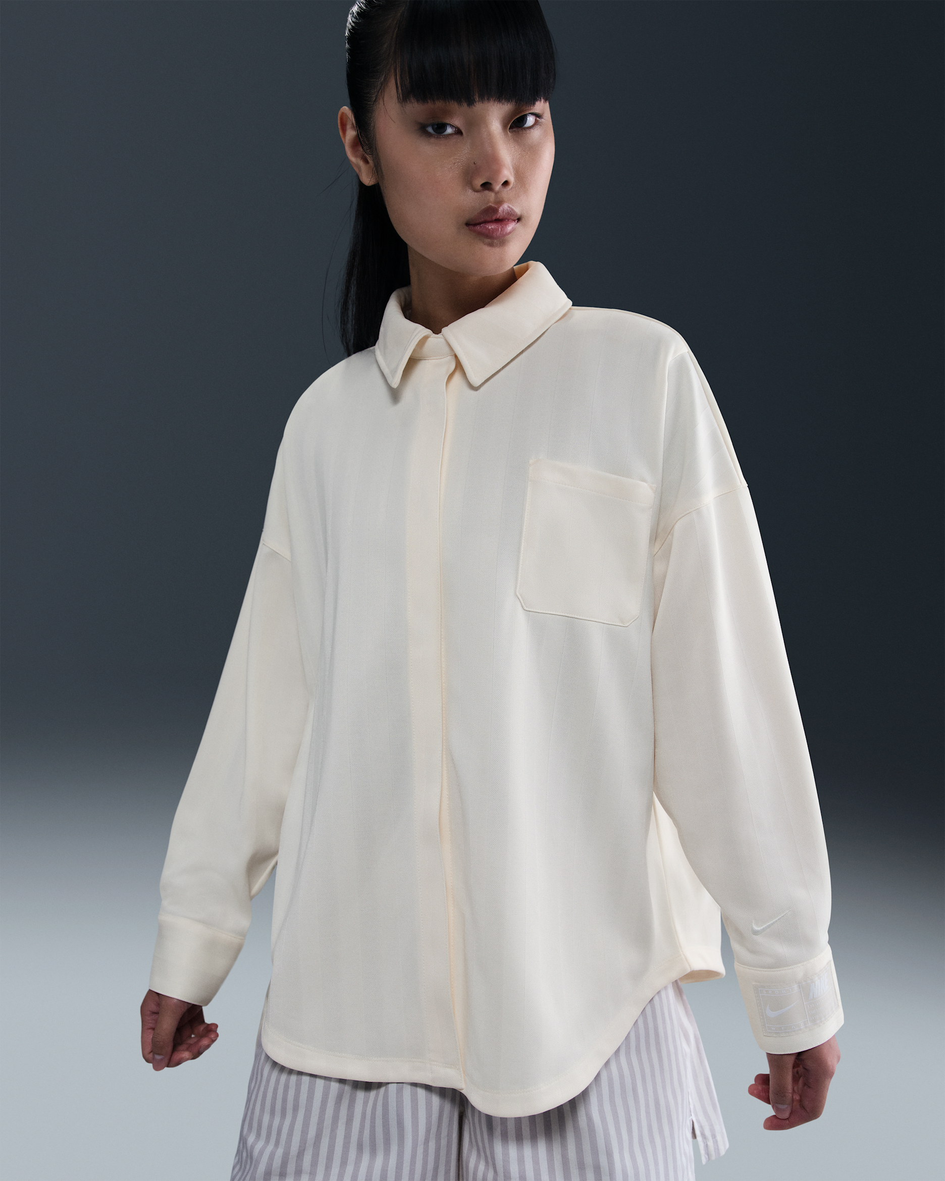 Nike Sportswear Women's Oversized Jacquard Striped Button-Down Shirt - Pale Ivory/Sail