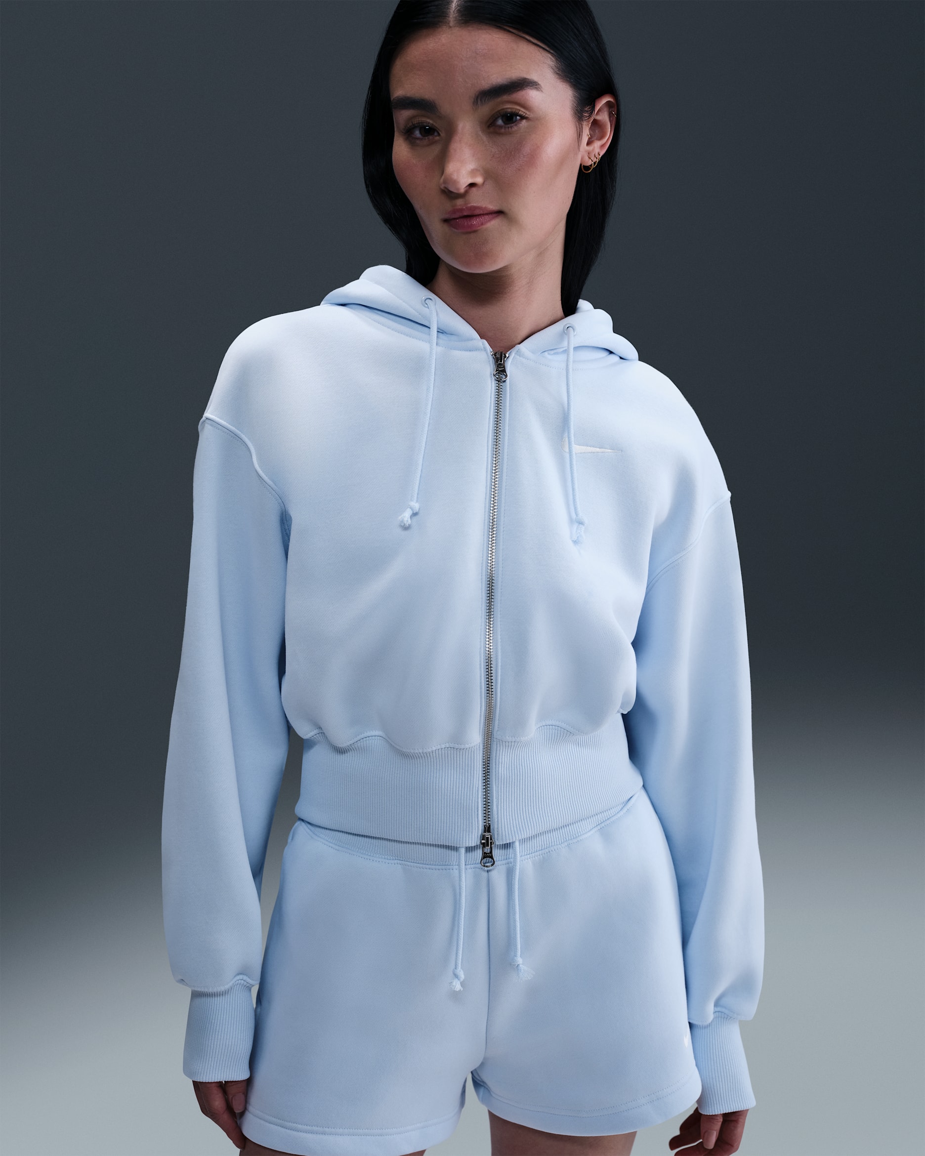 나이키 스포츠웨어 피닉스 플리스 여성 루즈 크롭 풀집 후디 - 블루 틴트/세일