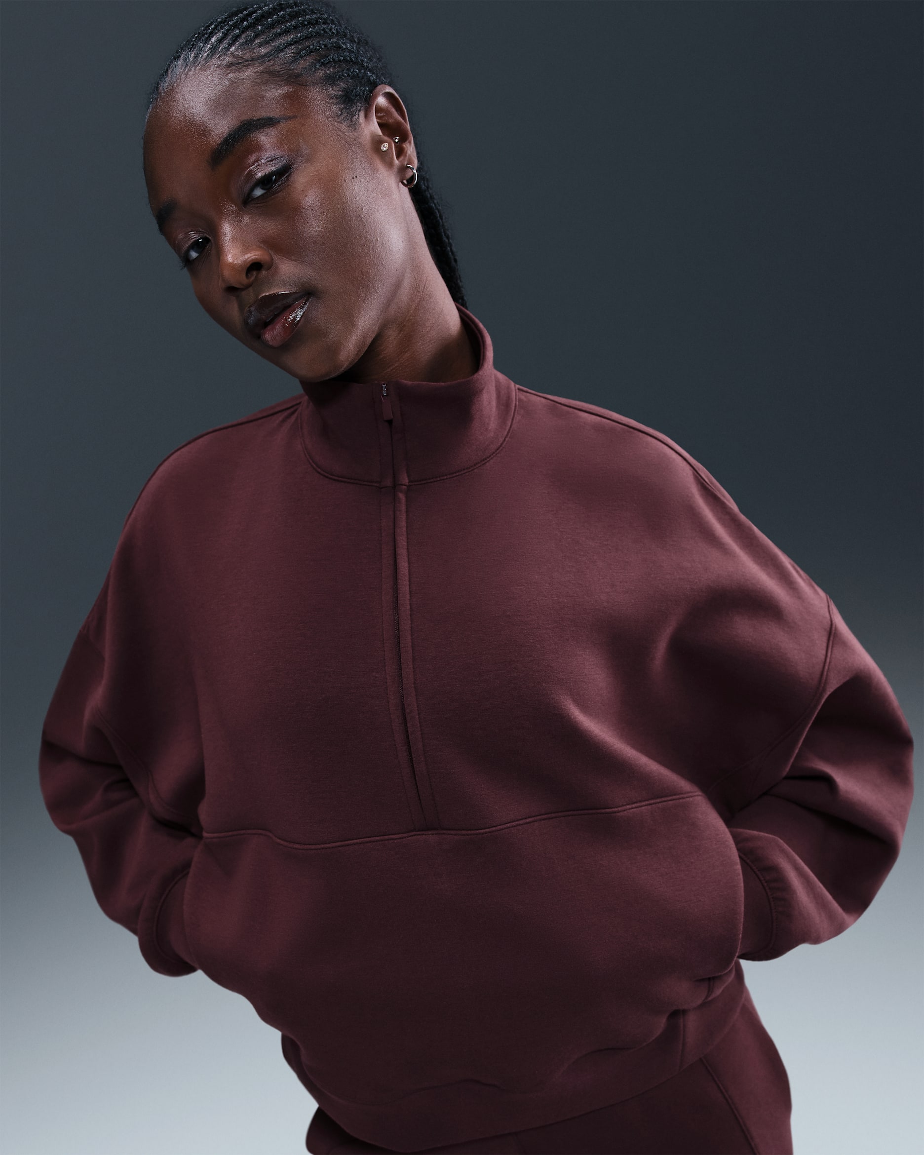 Playera Dri-FIT oversized de medio cierre para mujer Nike 24.7 ImpossiblySoft - Burdeos enérgico/Burdeos ceniza