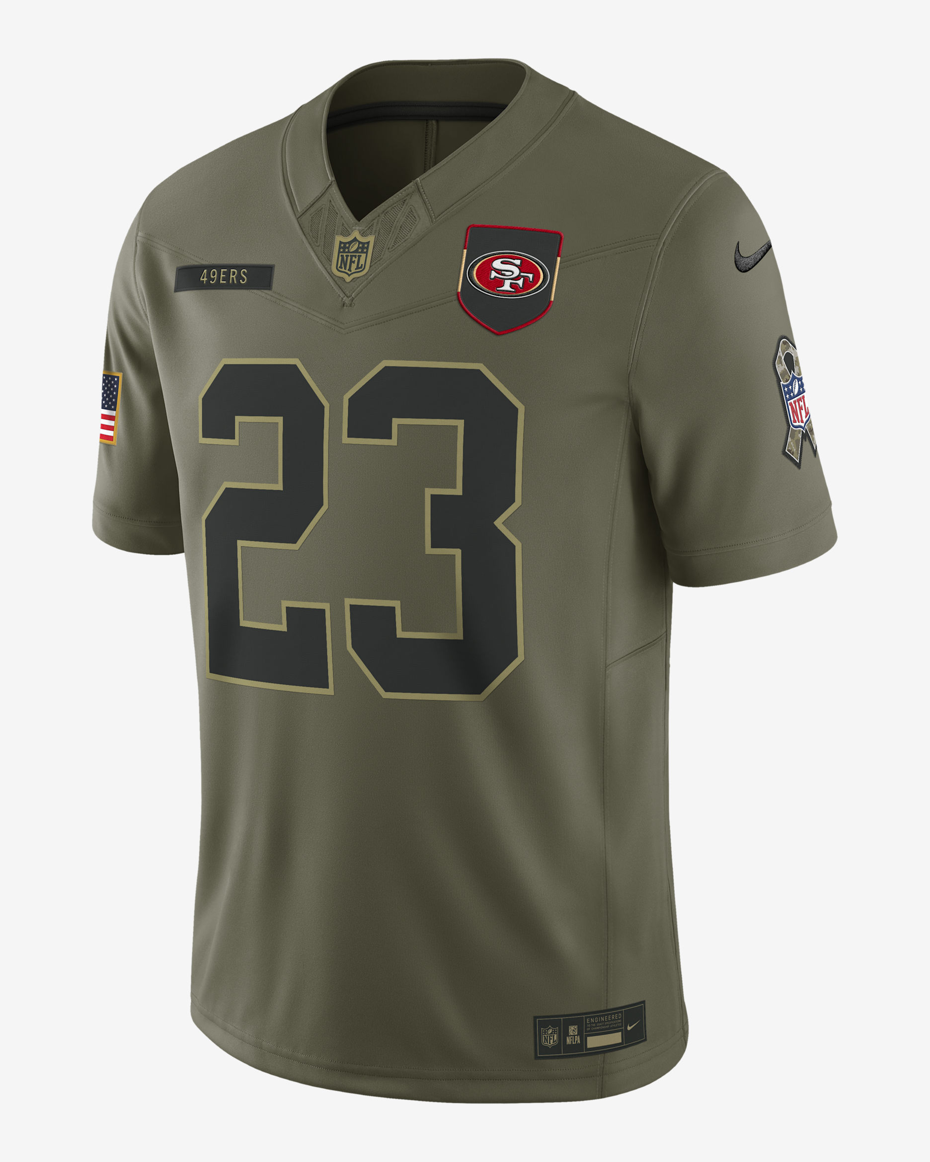 Jersey Nike Dri-FIT Limited de la NFL para hombre Christian McCaffrey San Francisco 49ers Salute to Service - Oliva medio