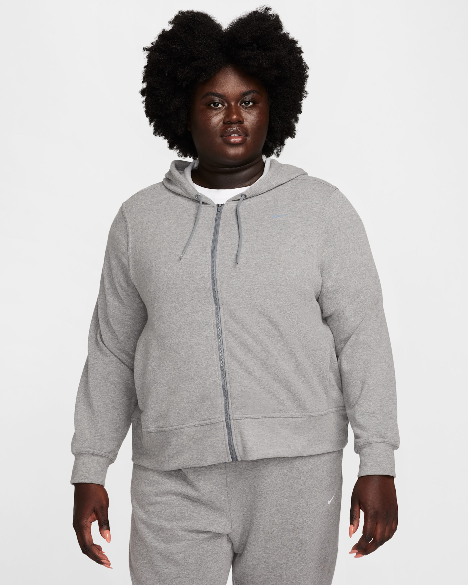 Nike Dri-FIT One Women's Full-Zip French Terry Hoodie (Plus Size) - Carbon Heather/White