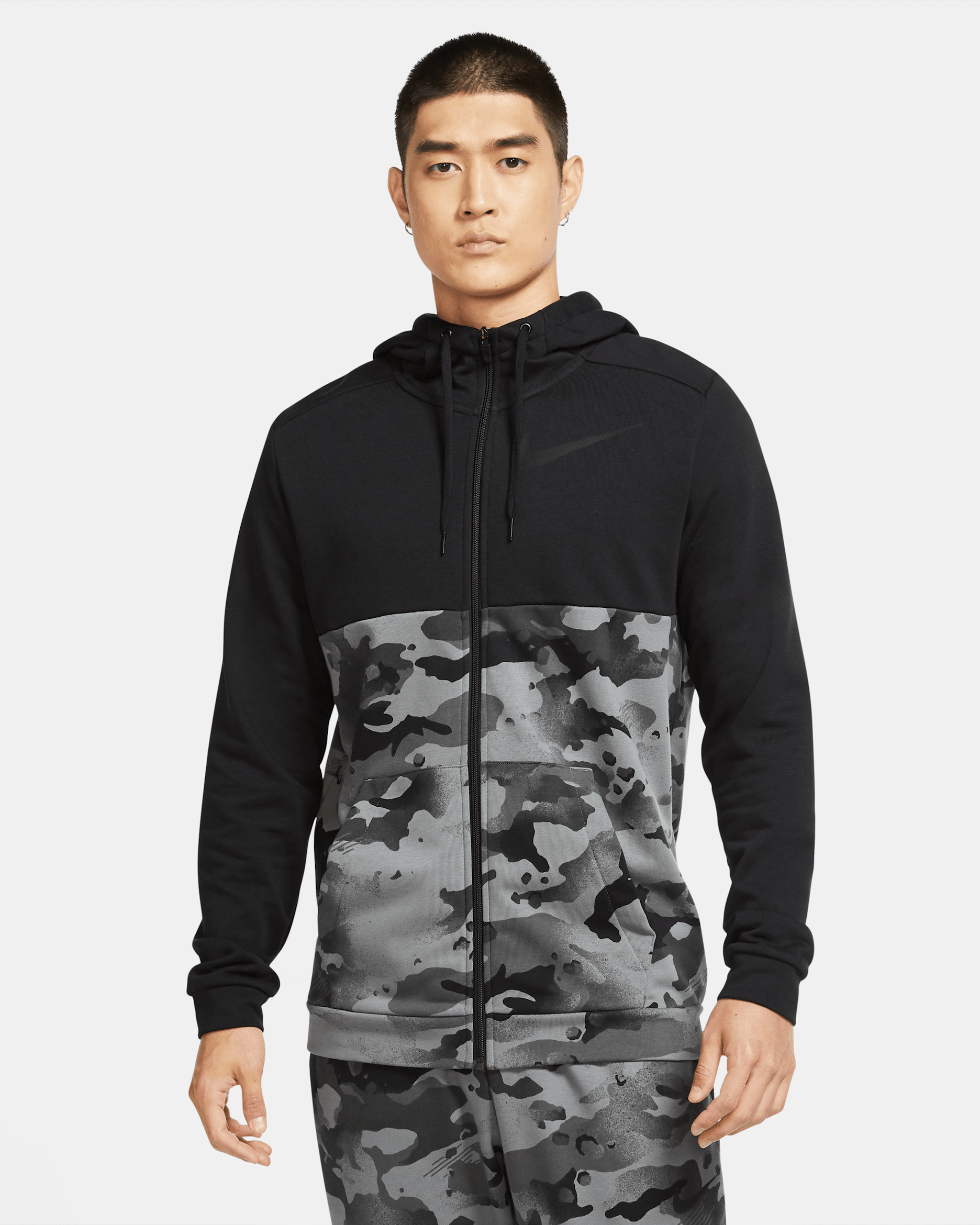 Sweat à capuche de training camouflage entièrement zippé Nike Dri-FIT pour Homme - Noir/Iron Grey/Grey Fog