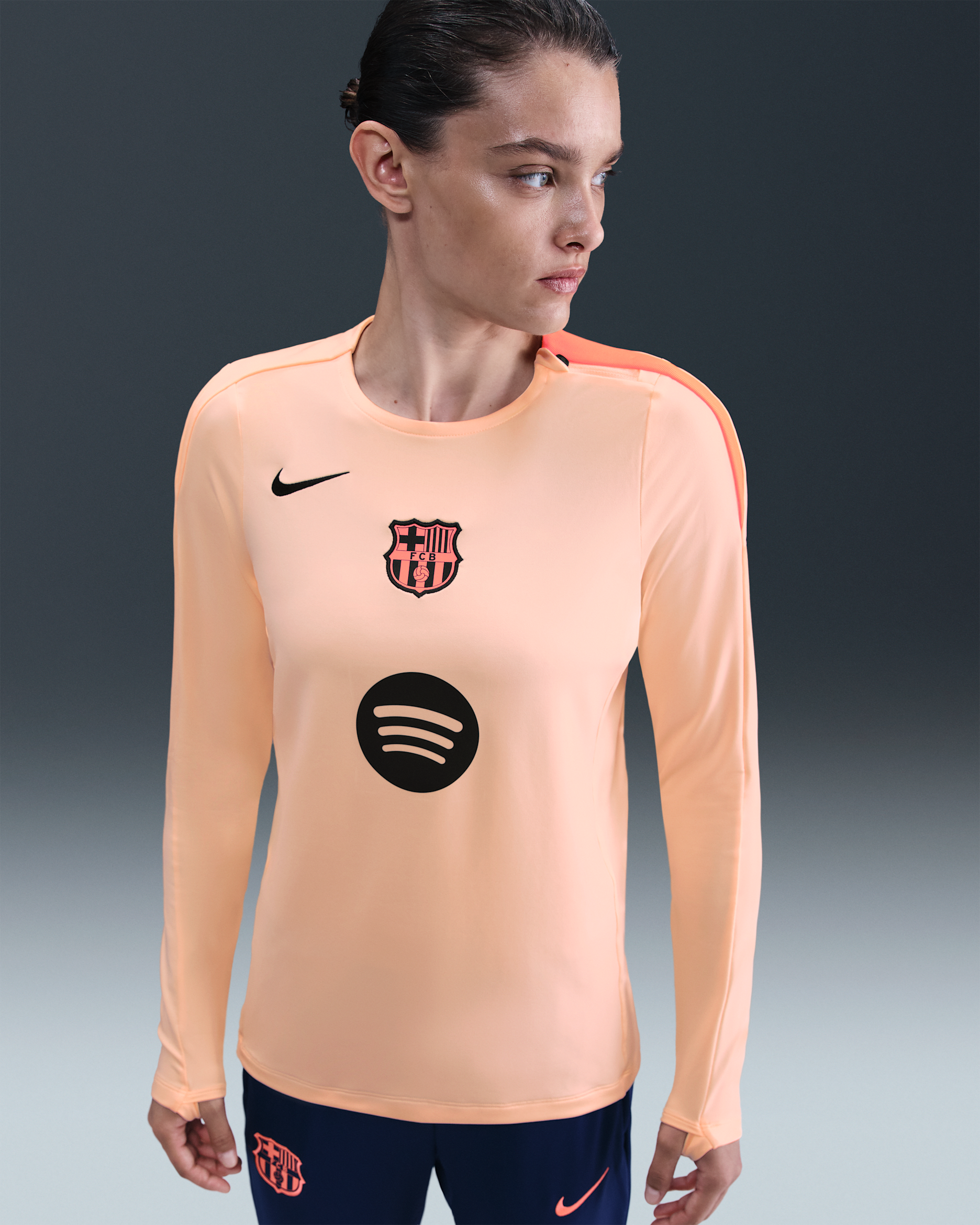 F.C. Barcelona Strike Third Women's Nike Dri-FIT Total 90 Football Knit Crew-Neck Top - Crimson Tint/Bright Mango/Midnight Navy