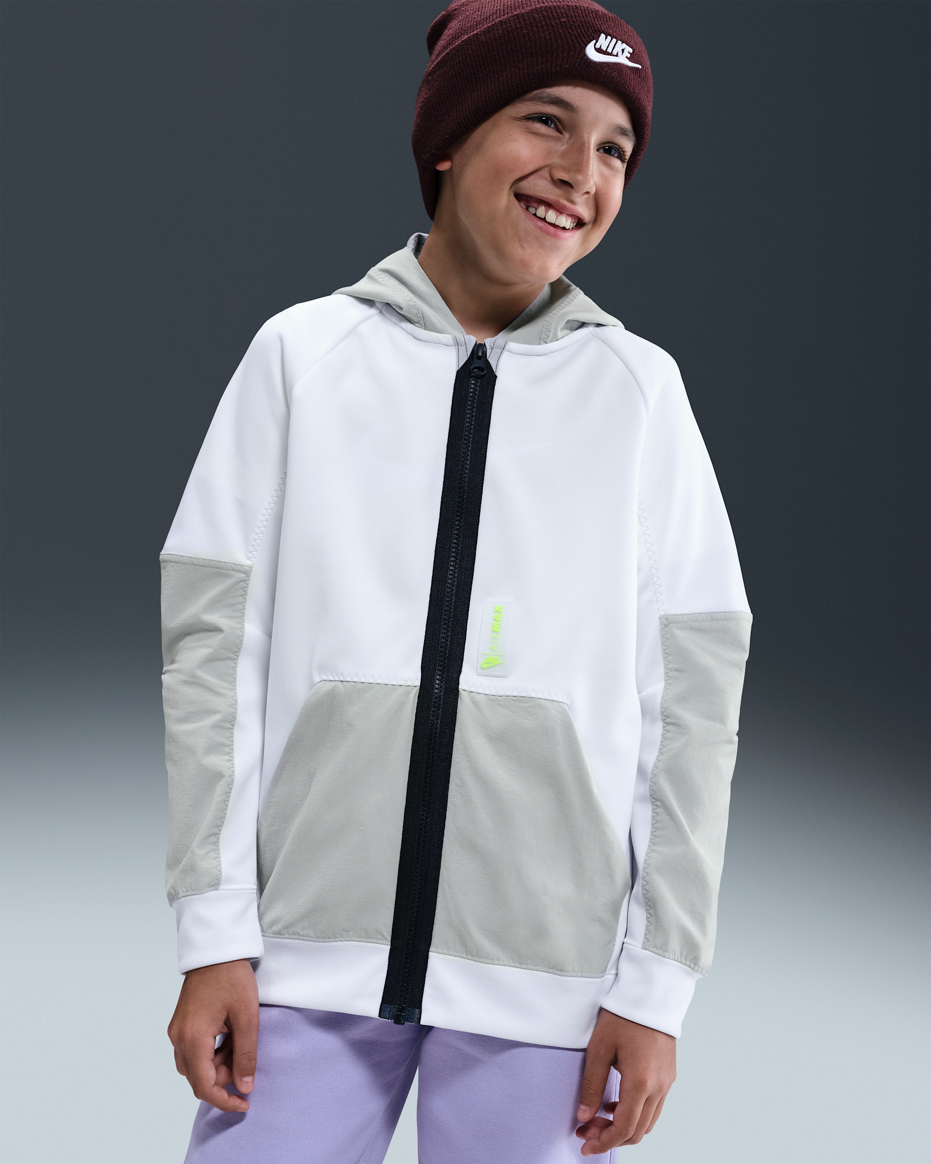 Hoodie com fecho completo Nike Sportswear Air Max Júnior (Rapaz) - Branco/Cinzento Fog/Preto/Volt