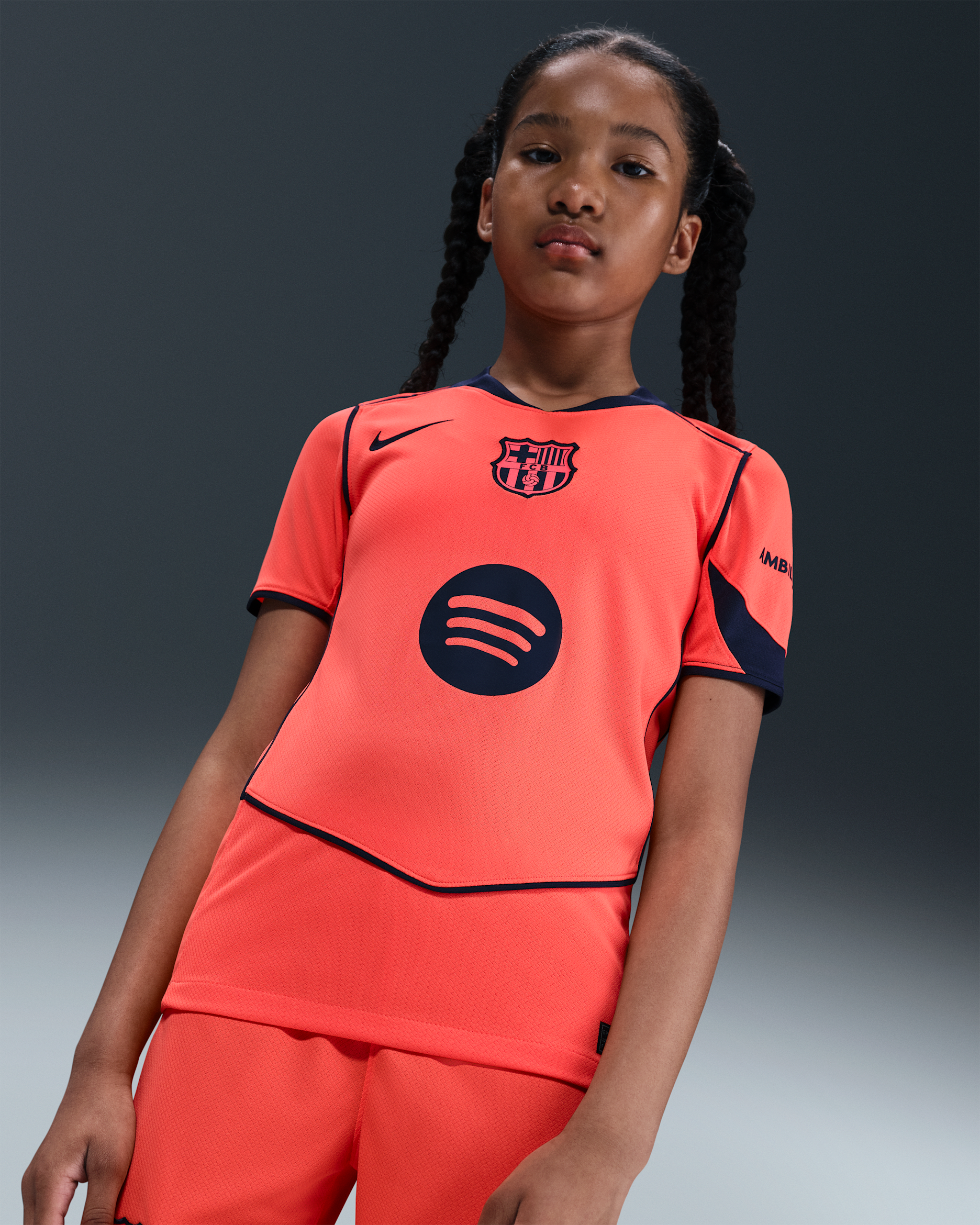 FC Barcelona 2025/26 Stadium Third Nike Dri-FIT Total 90 Replika-Fußballtrikot (ältere Kinder) - Bright Mango/Midnight Navy/Midnight Navy