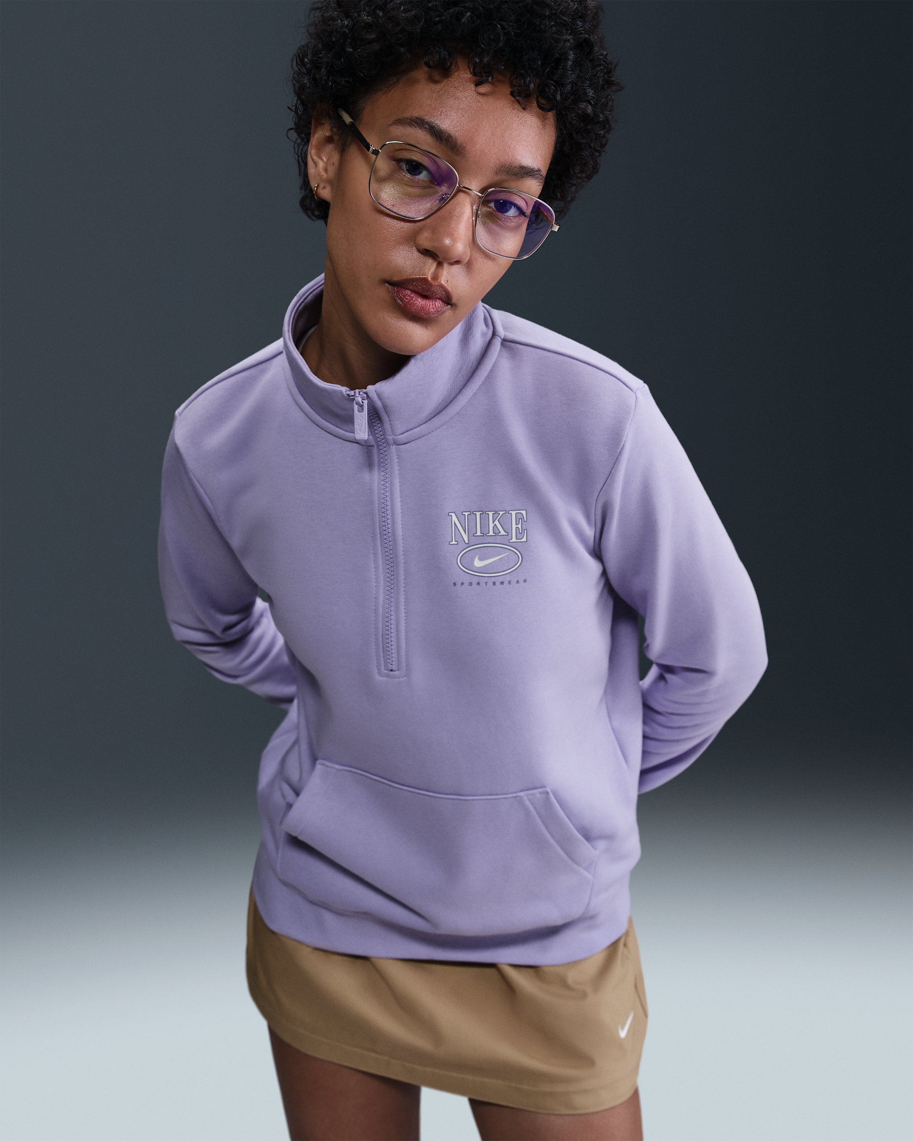 Nike Sportswear Club Fleece Women's Mock-Neck 1/2-Zip Graphic Top - Lilac Ice