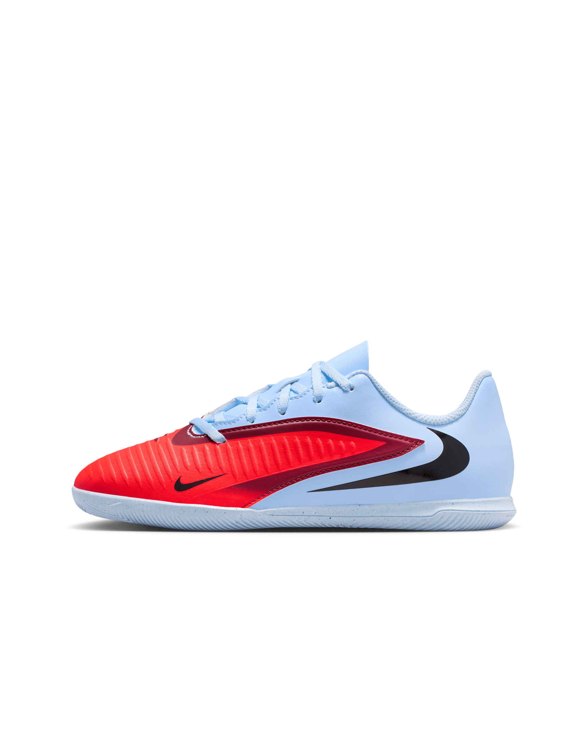 Tacos de fútbol para cancha cubierta para niños grandes Nike Jr. Phantom 6 Low Club - Tinte royal/Negro/Carmesí brillante