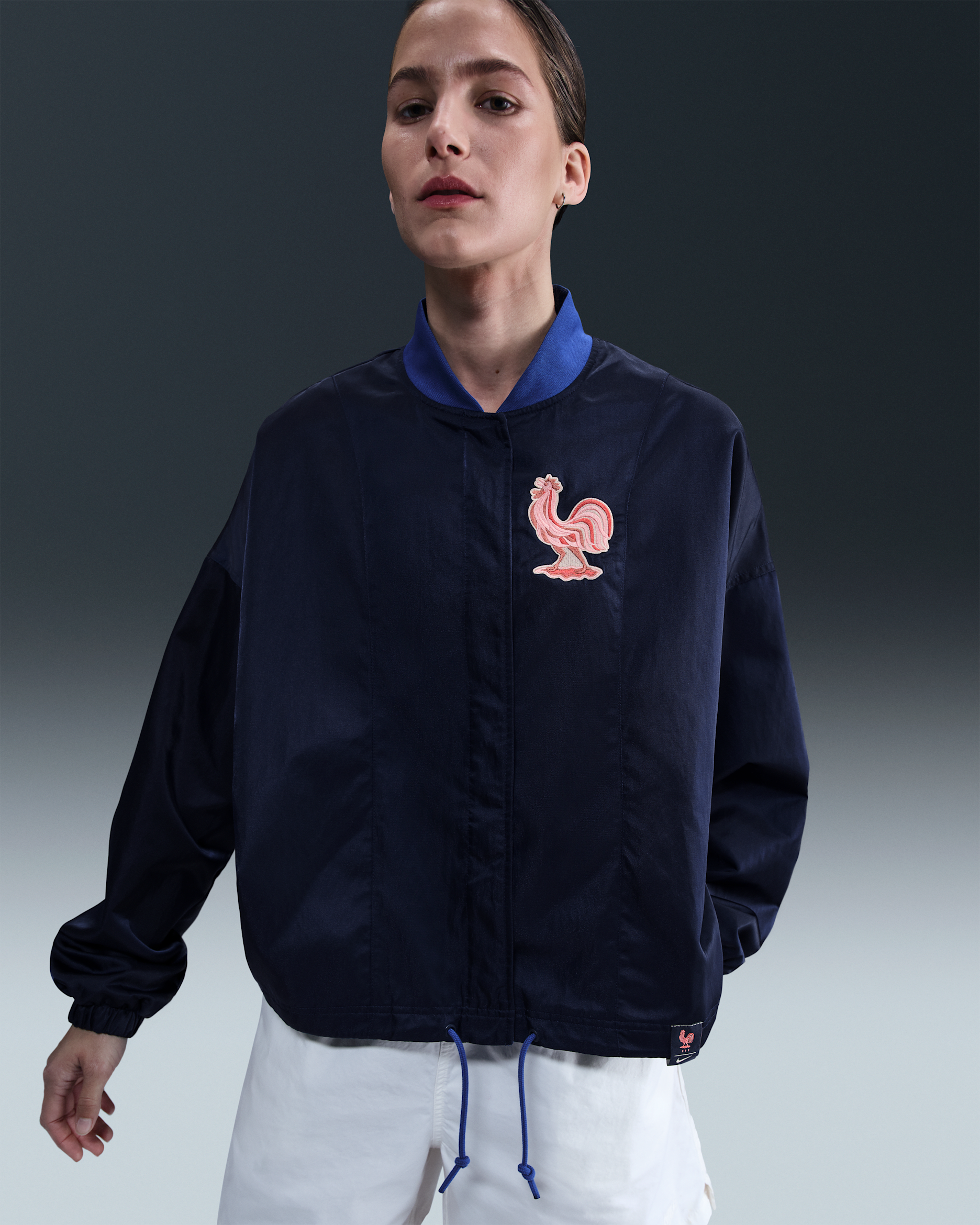 FFF Women's Nike Air Oversized Woven Bomber Jacket - Blue Void/Bright Blue/Bleached Coral