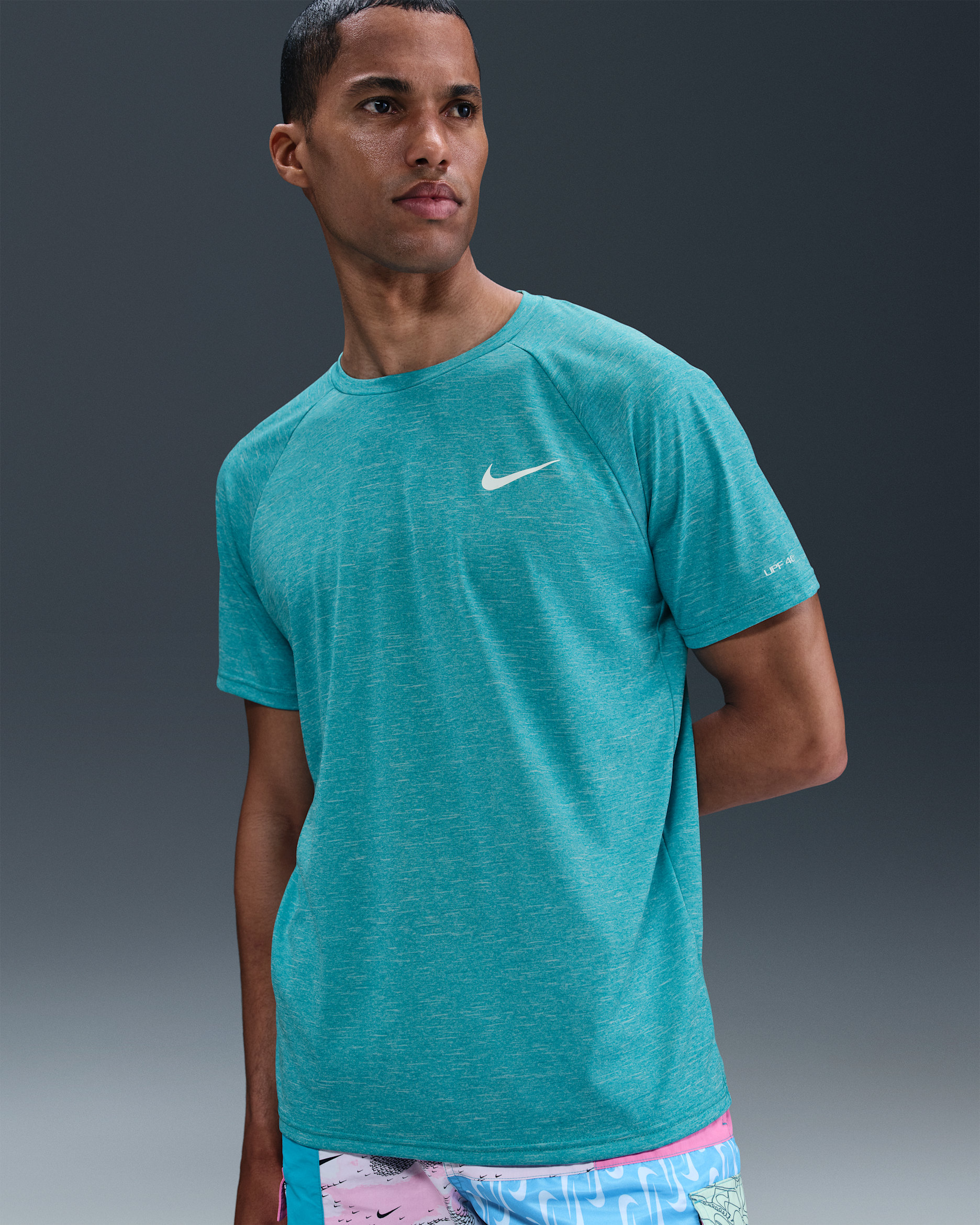 Camiseta Hydroguard de natación de manga corta de tela jaspeada para hombre Nike - Cactus empolvado/Blanco