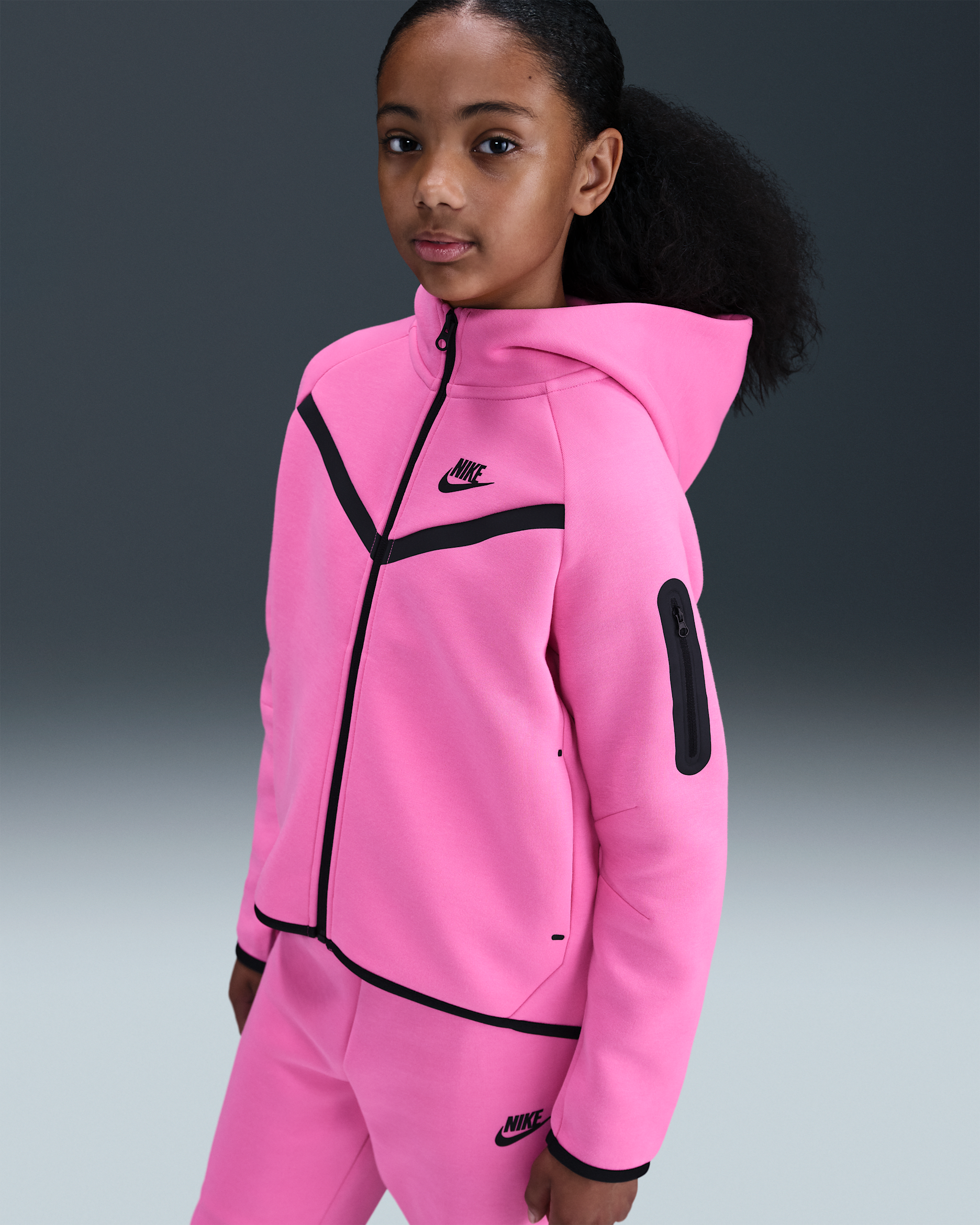 Sudadera con gorro de cierre completo para niña Nike Sportswear Tech Fleece - Rosa alegre/Negro/Negro