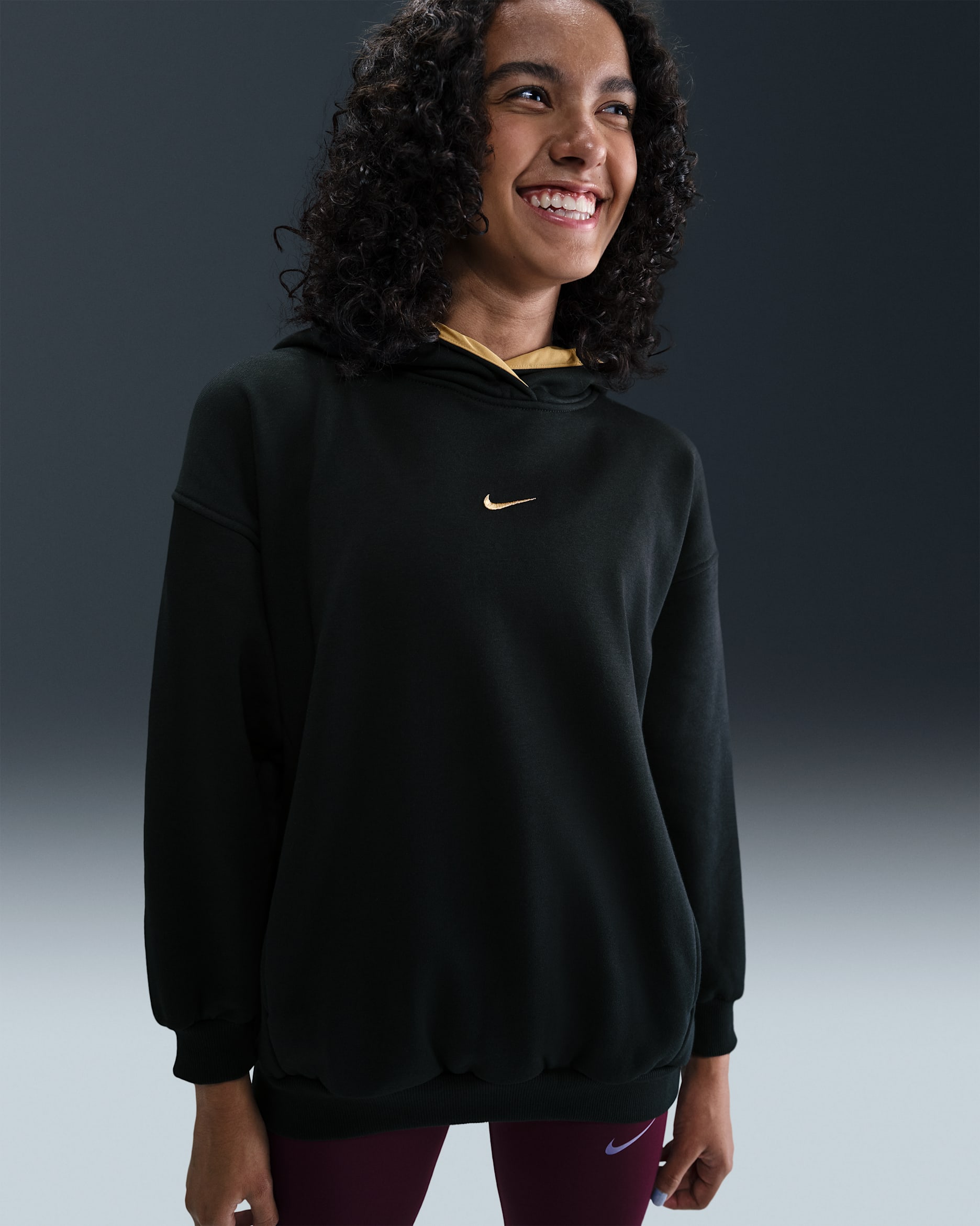 Nike Sportswear Club Fleece Big Kids' (Girls') Oversized Hoodie - Black/Mead Gold/Metallic Gold