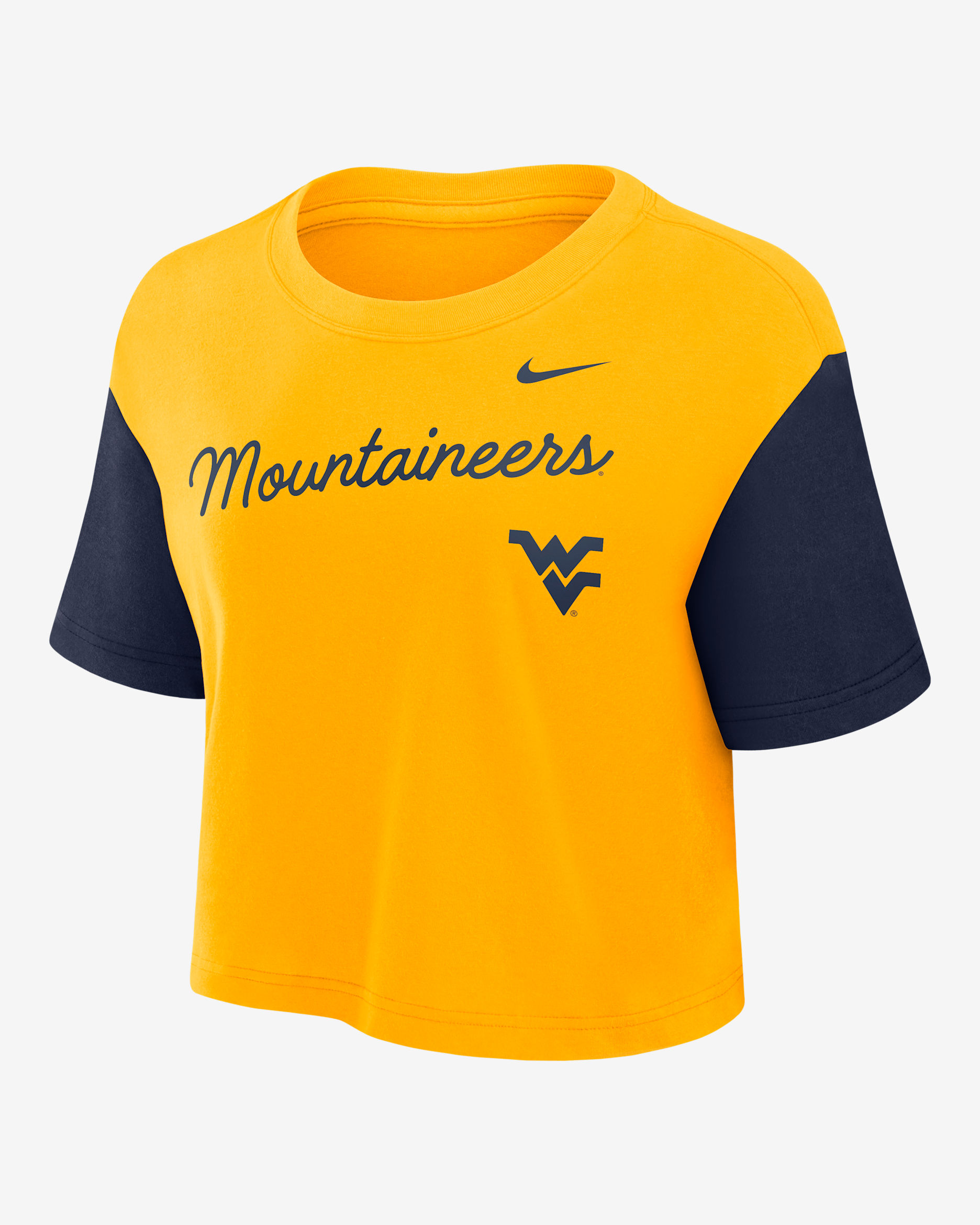 West Virginia Script Women's Nike Dri-FIT College Cropped T-Shirt - Gold