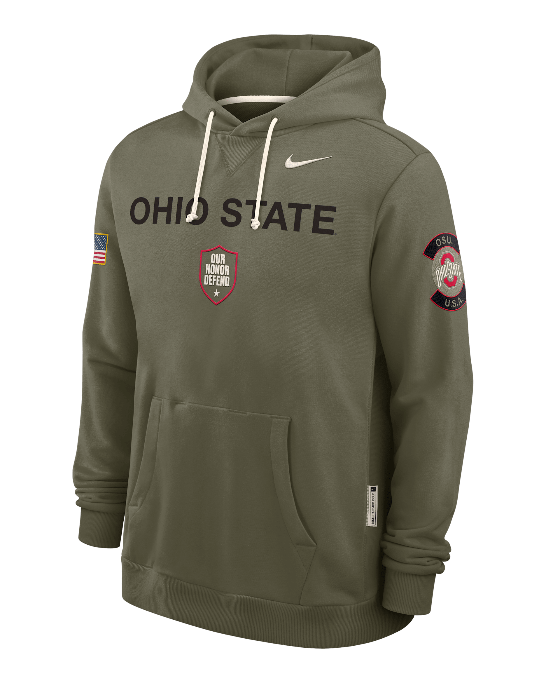 Sudadera con gorro sin cierre universitaria Nike Dri-FIT para hombre Ohio State 2025 Military Appreciation - Oliva