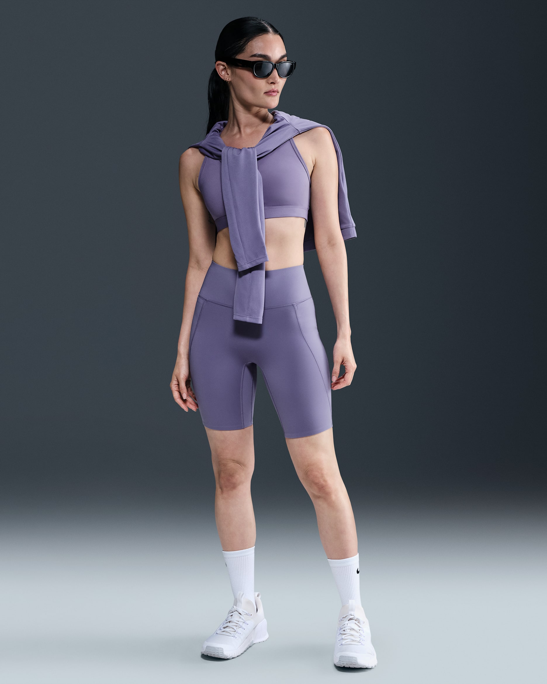 Nike Universa Women's High-Waisted 8" Biker Shorts with No Front Seam - Dusty Amethyst/Canyon Purple/Sanded Purple