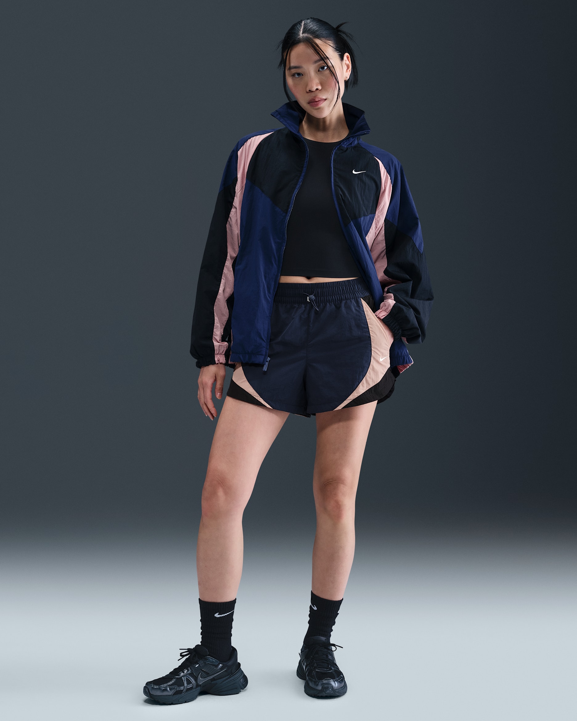 Nike Sportswear Women's Mid-Rise Loose 7.5cm (approx) Athletics Shorts - Midnight Navy/Black/Particle Pink/Sail