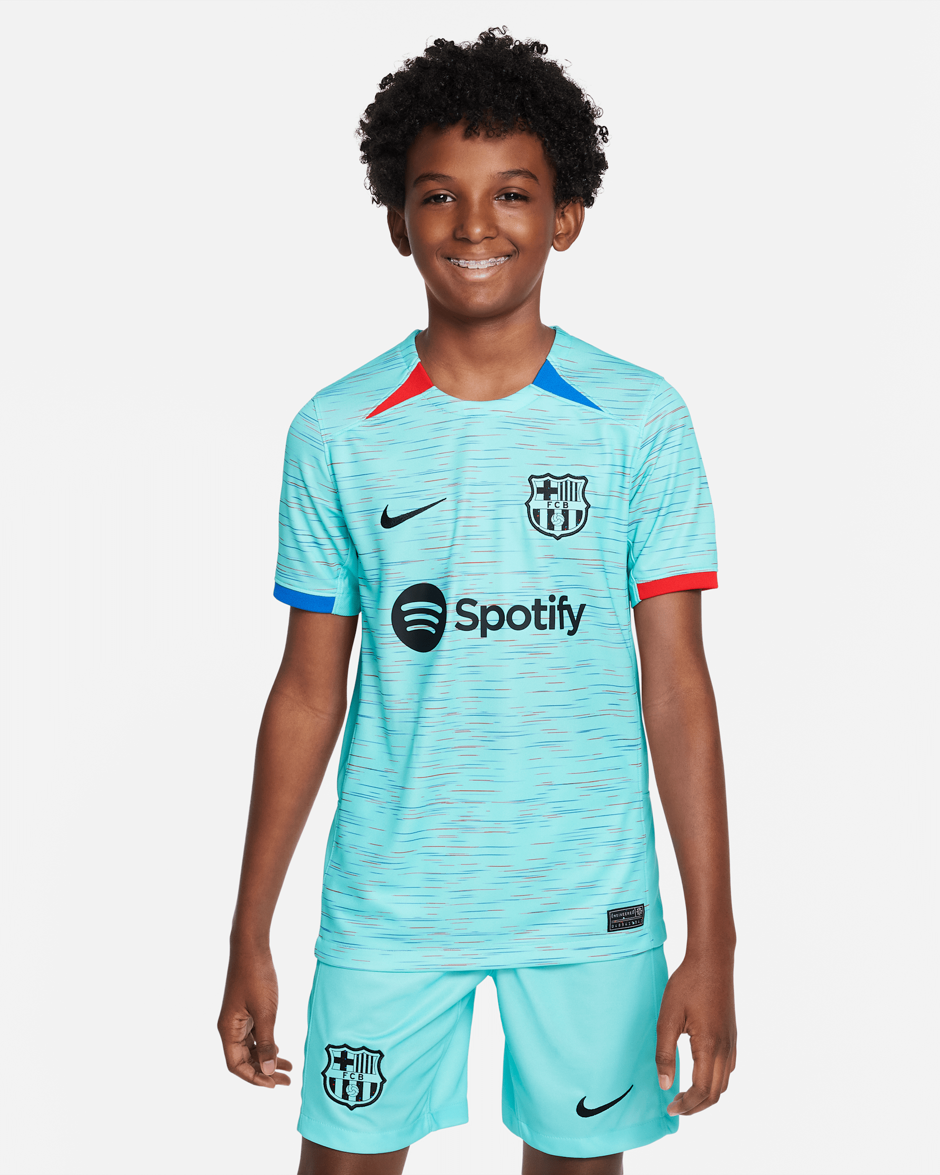 Tercera equipació Stadium FC Barcelona 2023/24 Samarreta de futbol Nike Dri-FIT - Nen/a - Aqua/Royal Blue/University Red/Negre