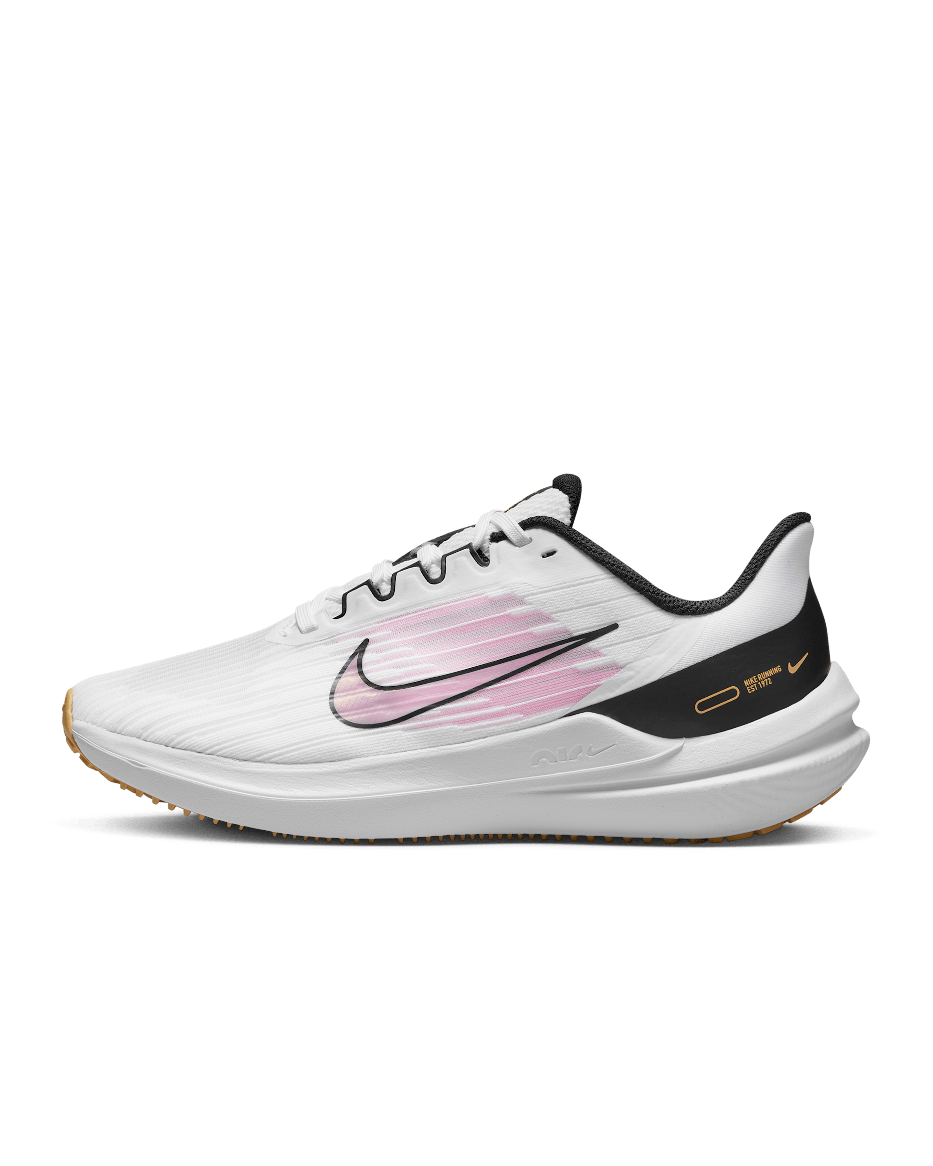Nike Winflo 9 Women's Road Running Shoes - White/Black/Wheat Gold/Pink Spell