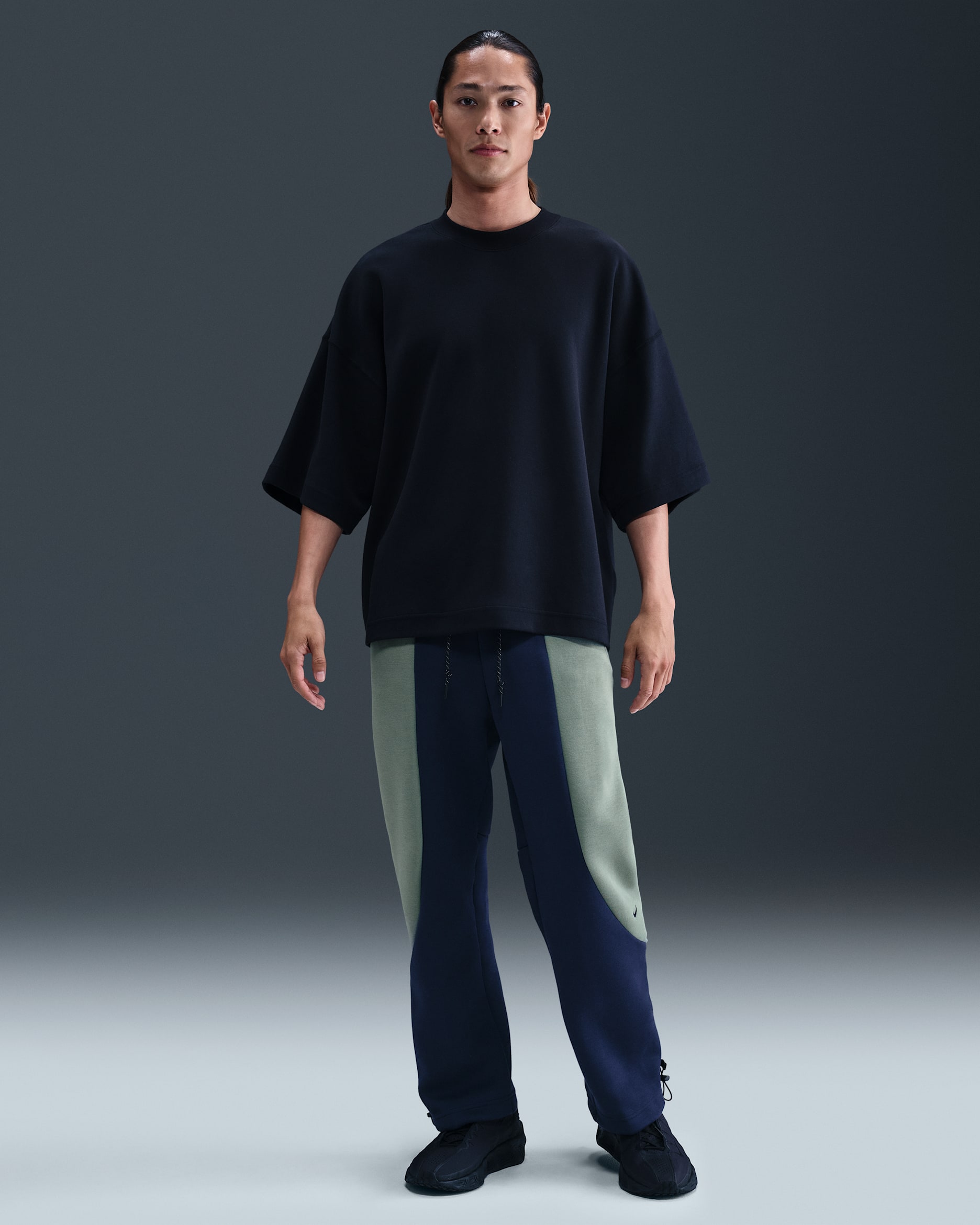 Nike Tech Men's Colour-Block Open-Hem Fleece Trousers - Obsidian/Clay Green/Black