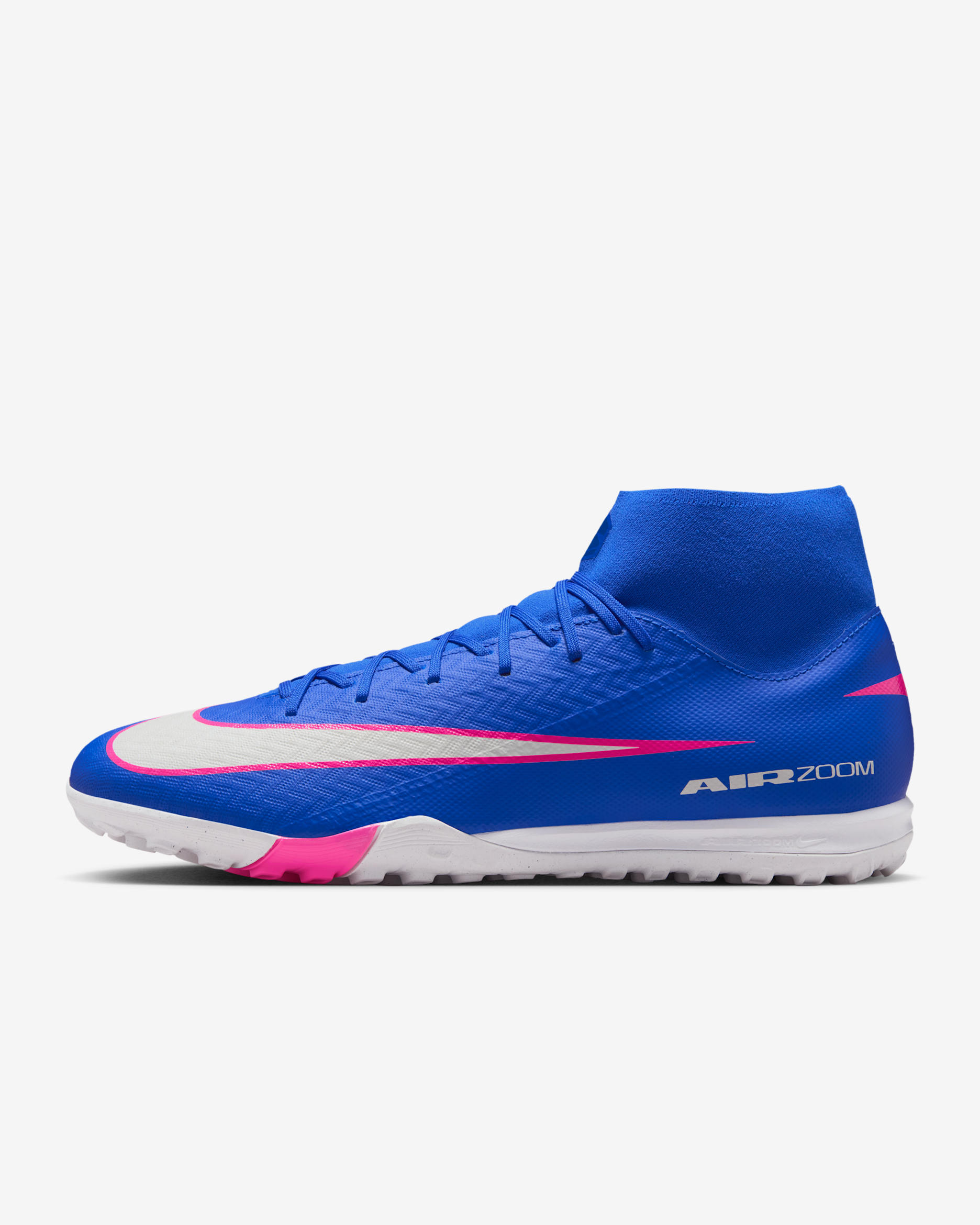 Tacos de fútbol para pasto sintético (turf) de corte high Nike Mercurial Superfly 10 Academy - Azul carrera/Blanco