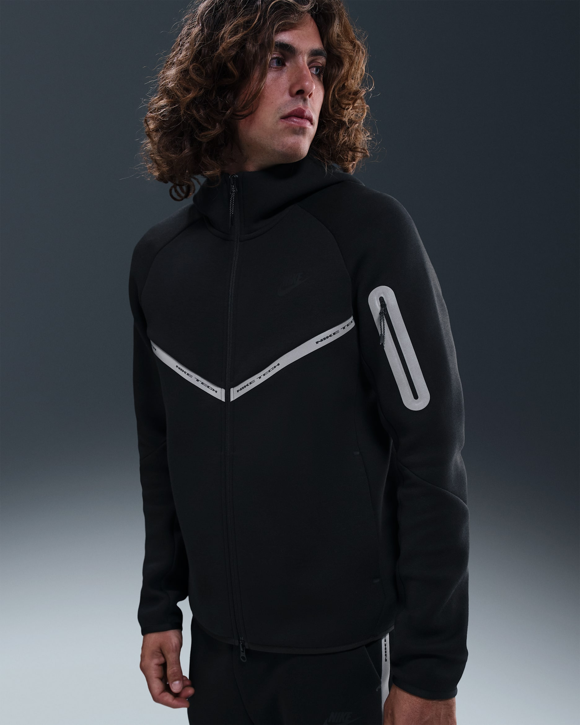 Veste Windrunner en Fleece à zip et motifs réfléchissants Nike Tech pour homme - Noir/Noir