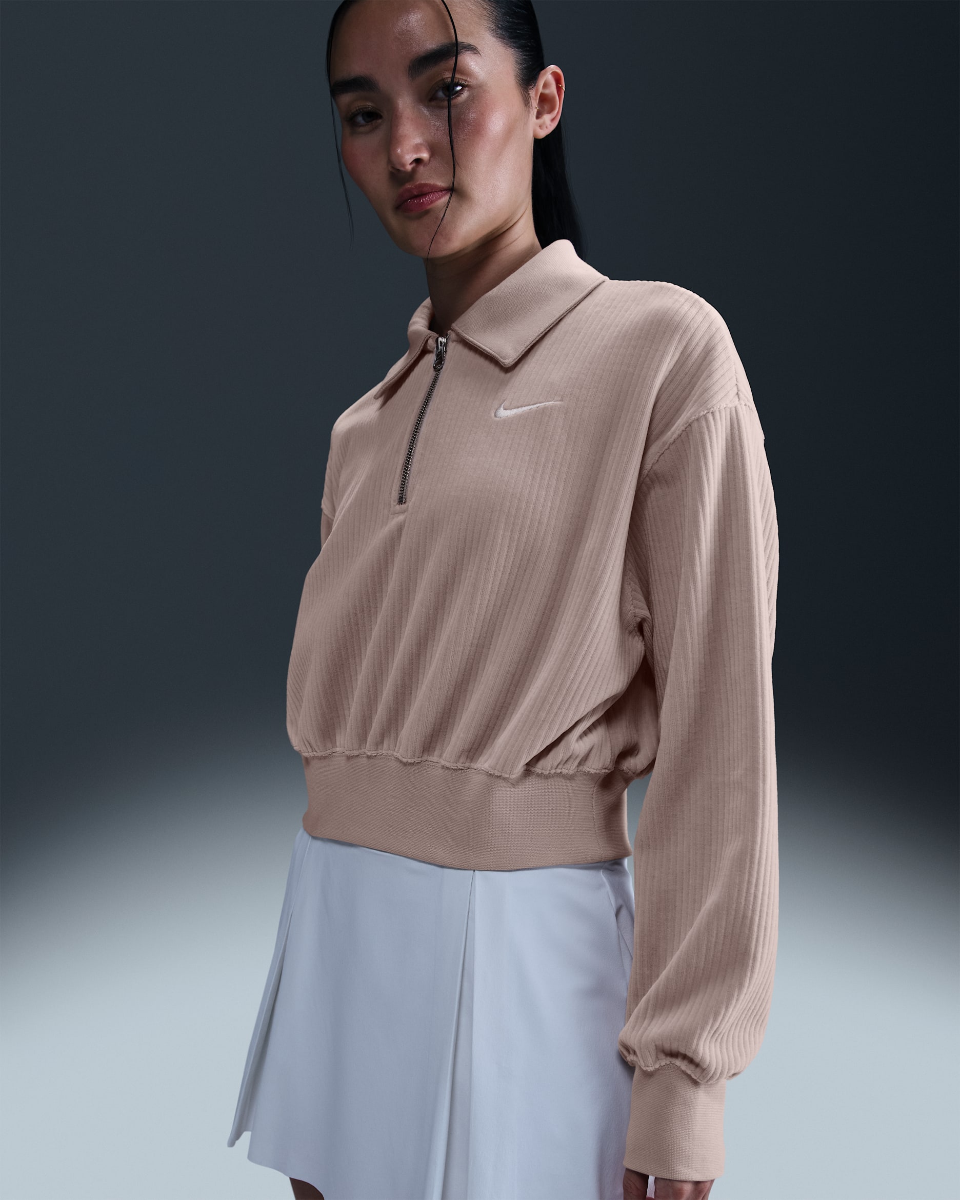 ナイキ スポーツウェア ウィメンズ ベロア クロップド 1/4ジップ トップ - フォスルストーン/セイル