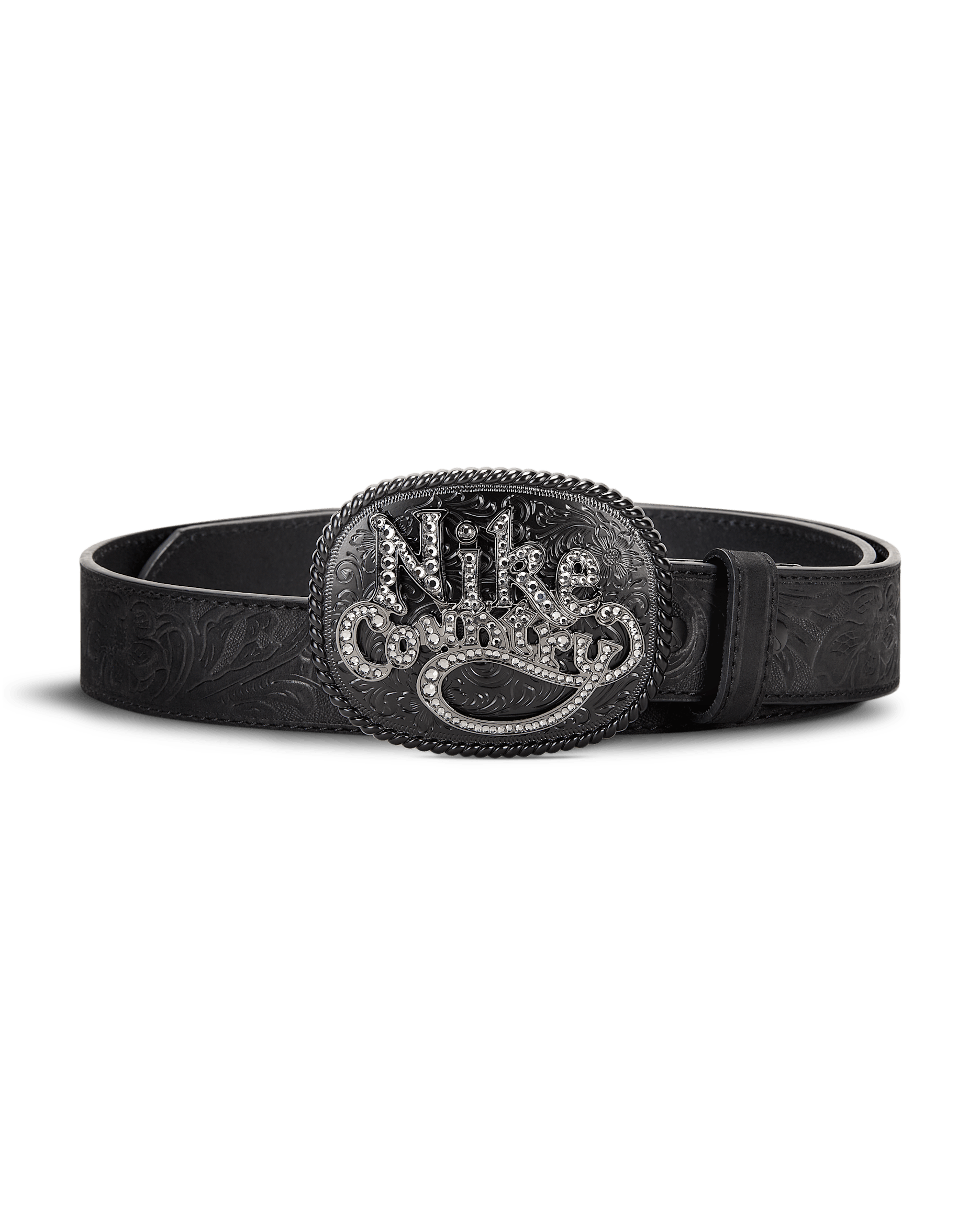 Nike Country Men's Rhinestone Plaque Buckle Embossed Leather Belt - Black