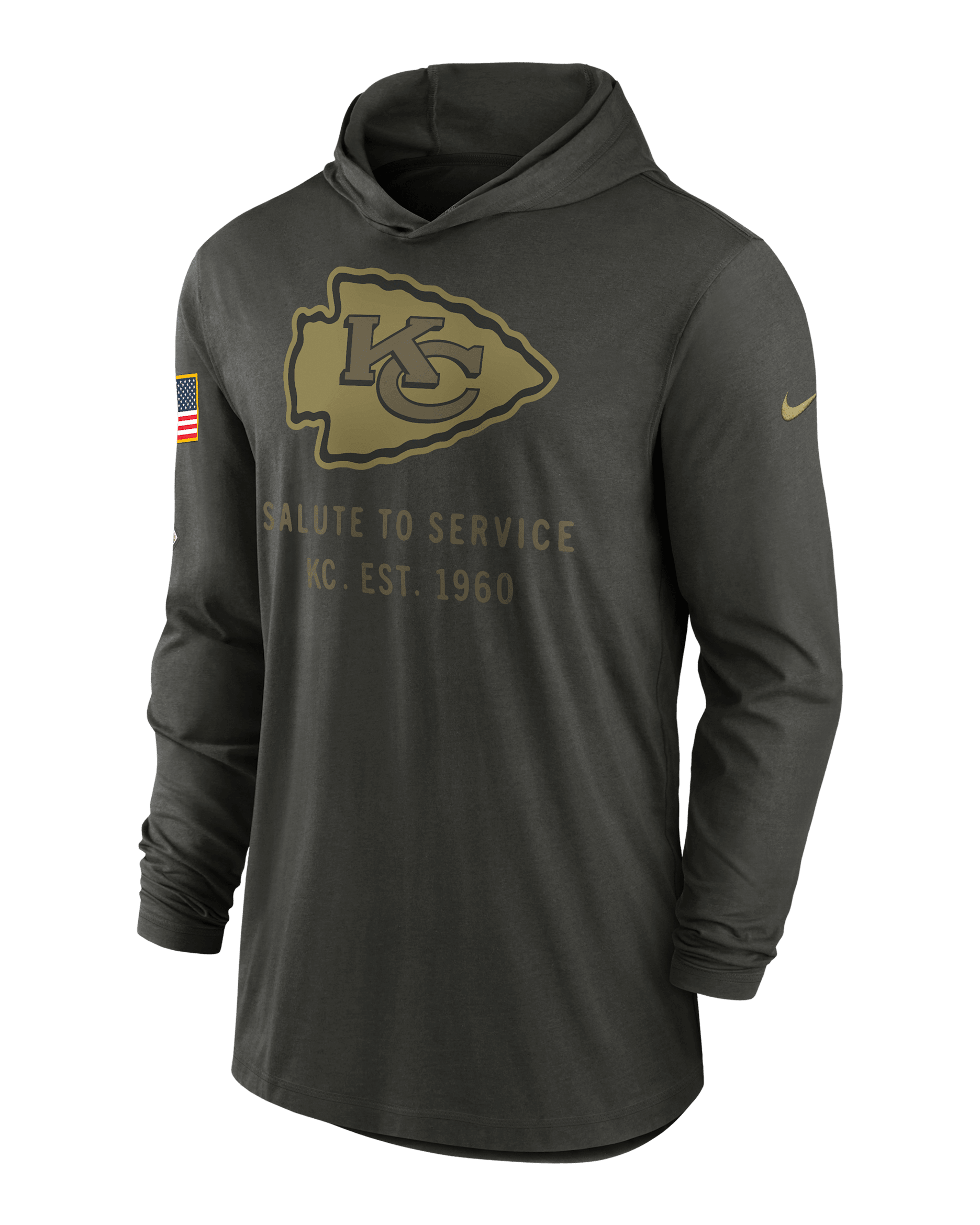 Playera de manga larga Nike Dri-FIT de la NFL con gorro para hombre Kansas City Chiefs Salute to Service Sideline - Verde bosque