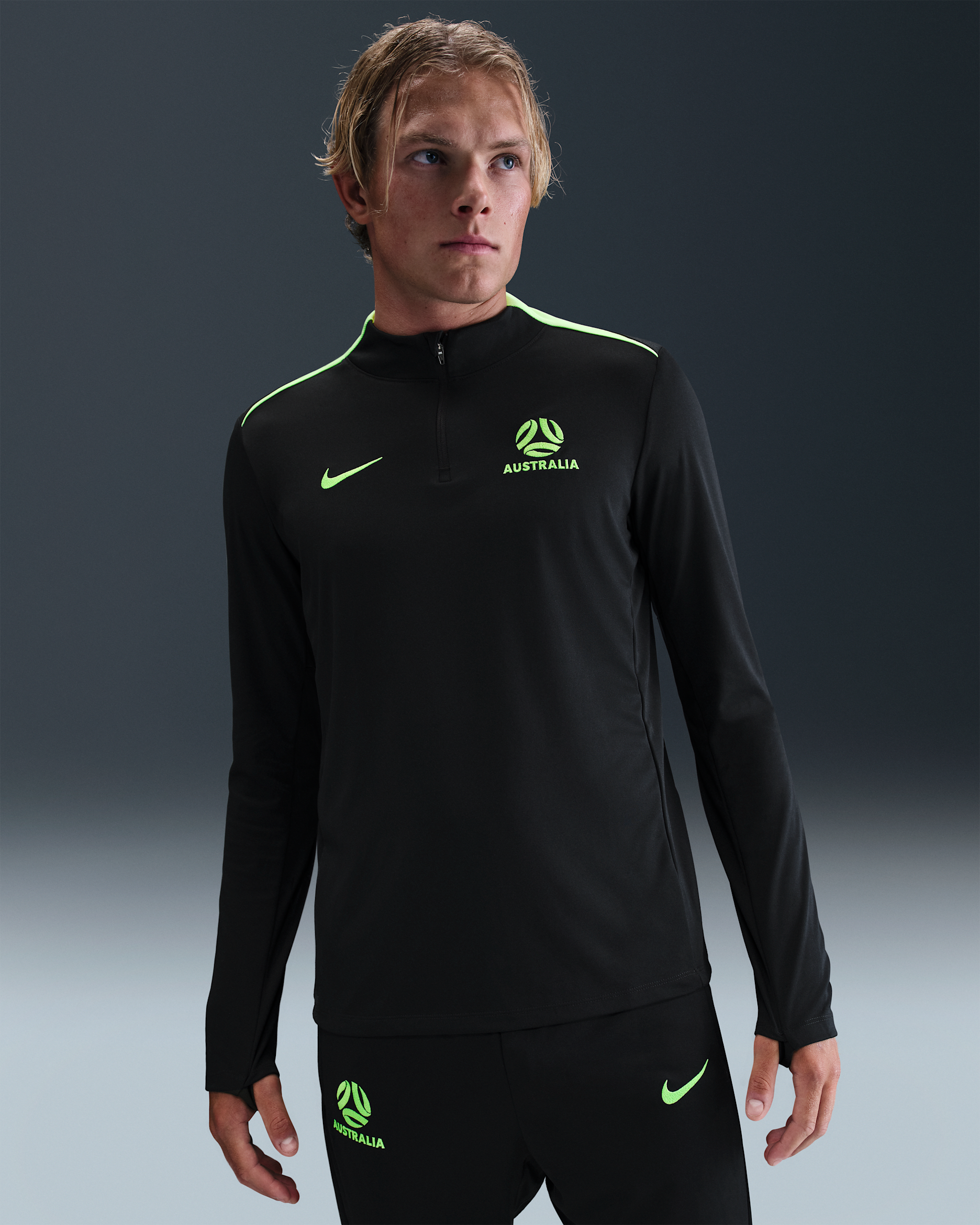 Australia Academy Pro Men's Nike Dri-FIT Football Drill Top - Black/Lime Blast/Lime Blast