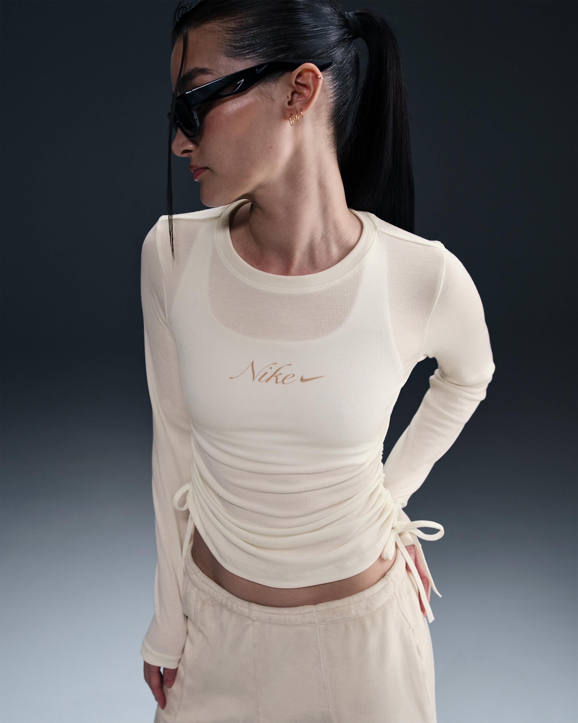 Nike Sportswear 女款羅紋長袖短版上衣 - Sail/Fossil Stone