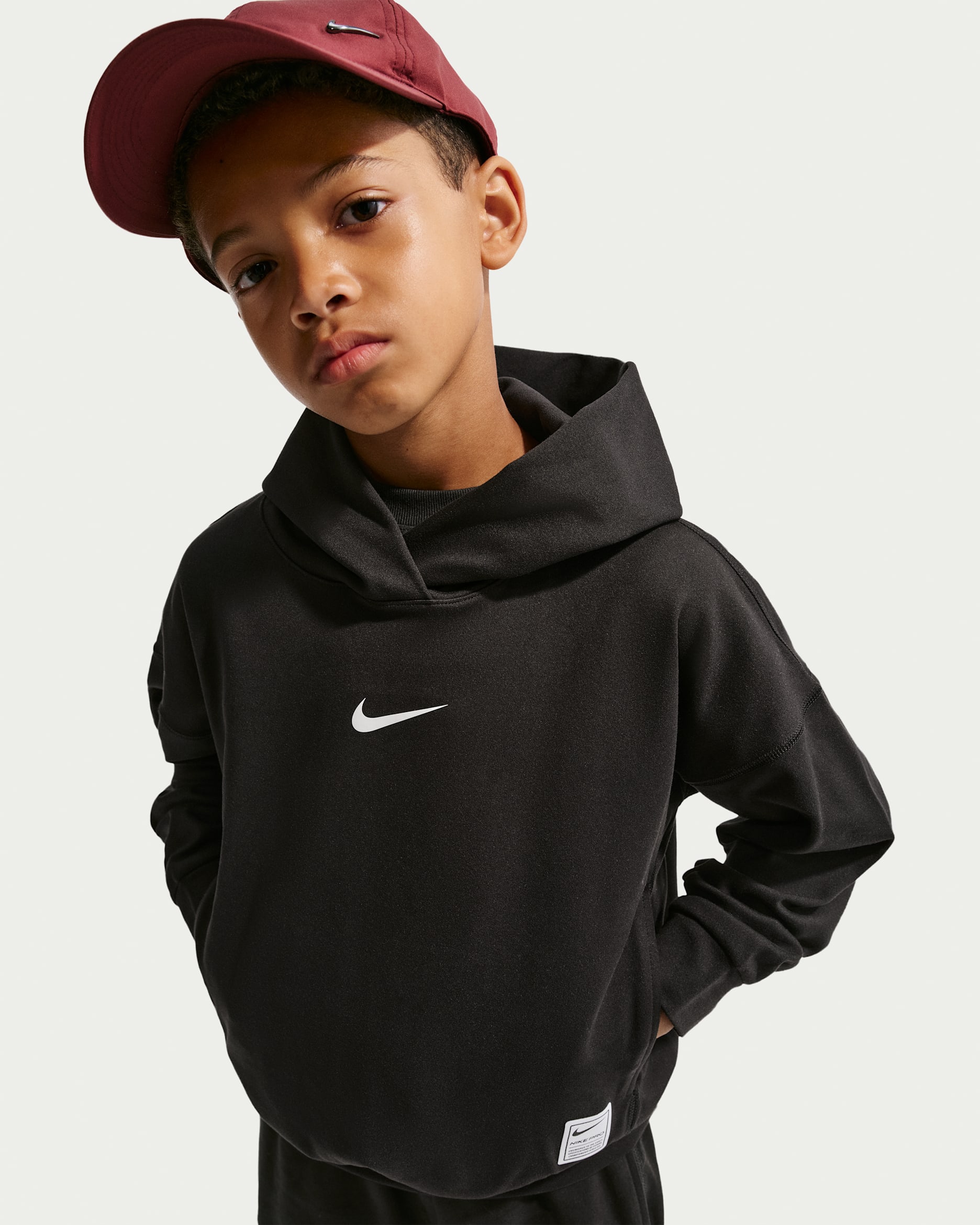 Nike Pro Big Kids' (Boys') Dri-FIT Fleece Pullover Hoodie - Black/White