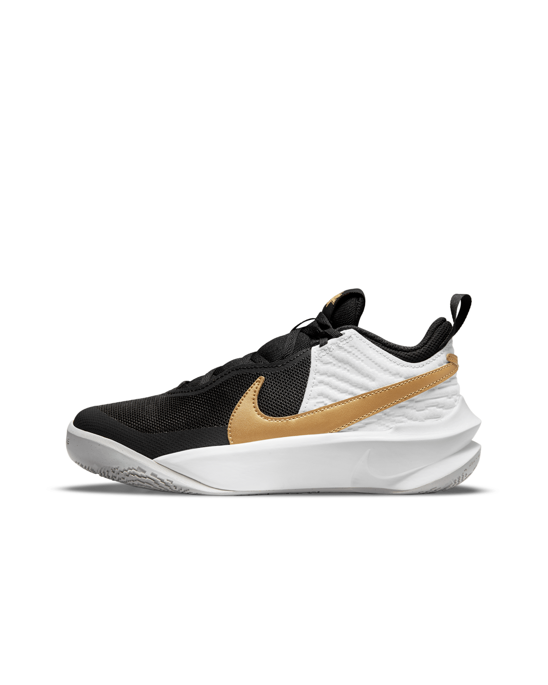 Nike Team Hustle D 10 Older Kids' Basketball Shoes - Black/White/Photon Dust/Metallic Gold