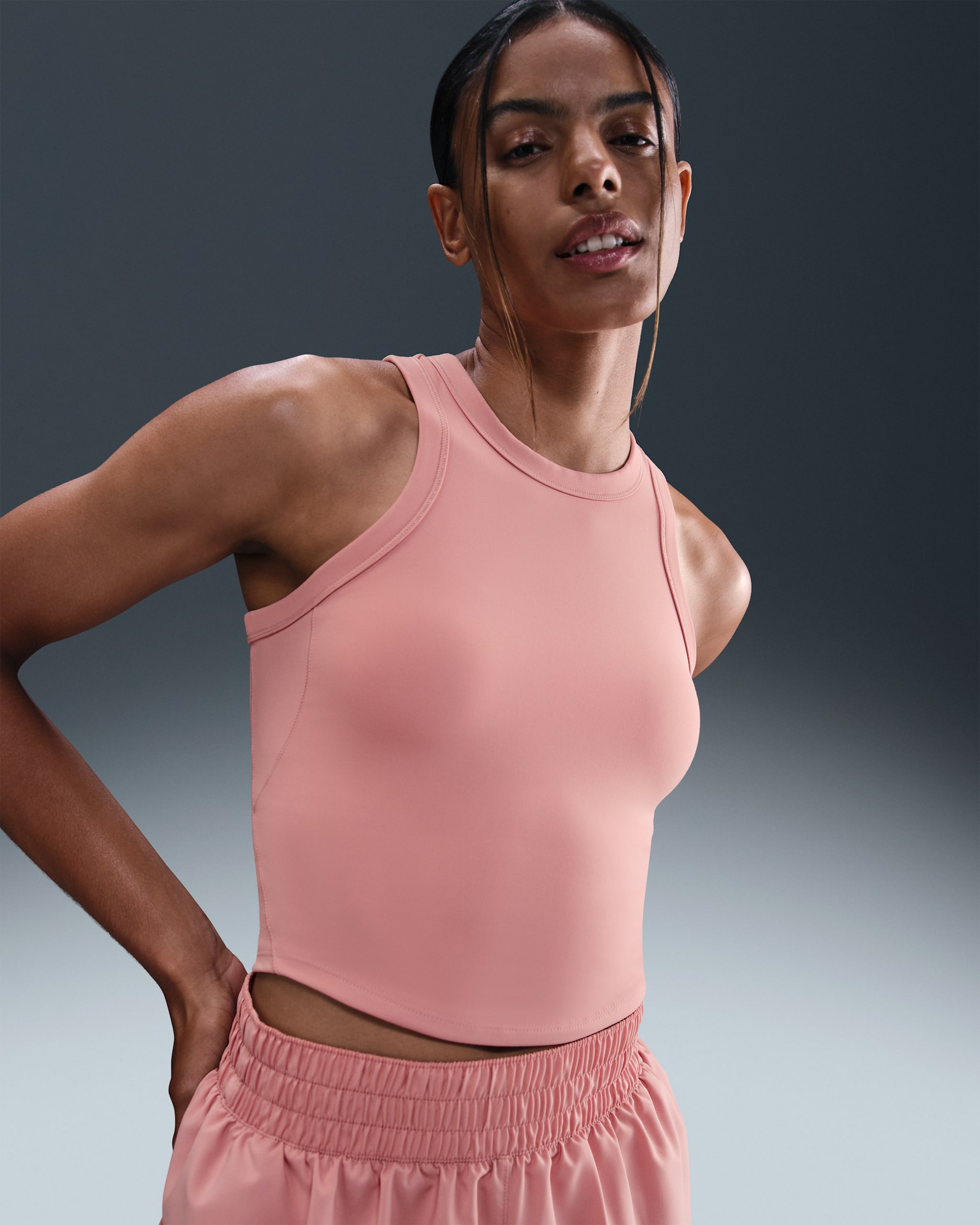 나이키 원 피티드 여성 드라이 핏 크롭 탱크 탑 - 러스트 핑크/화이트