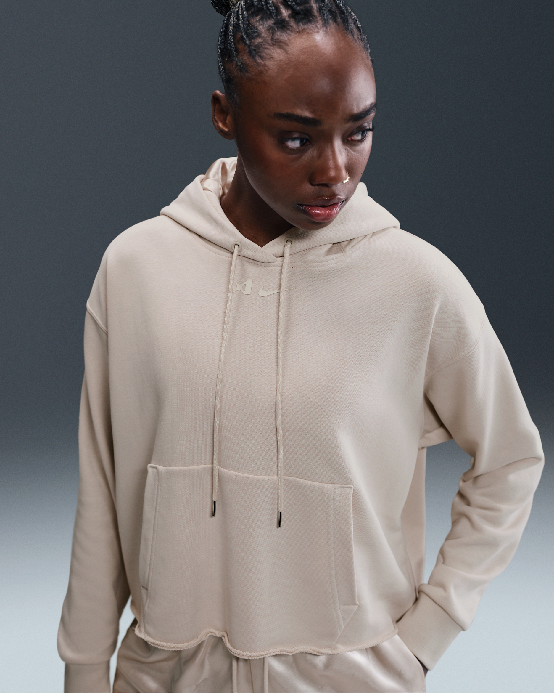 Sudadera de básquetbol con gorro oversized cropped para mujer A'ja Wilson - Arena desierto/Perla suave