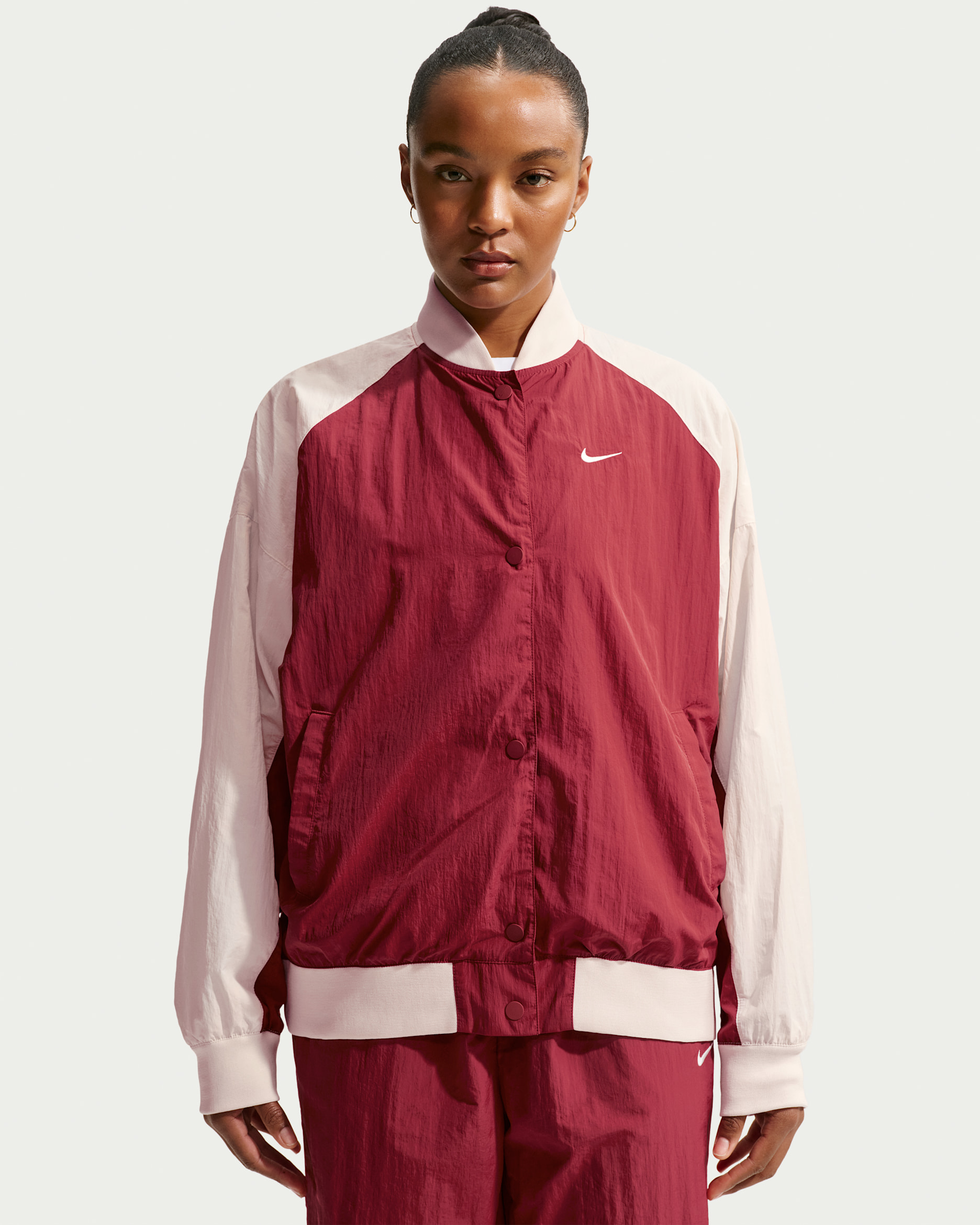 Nike Sportswear Women's Oversized Varsity Jacket - Team Crimson/Chalk/Chalk/Chalk