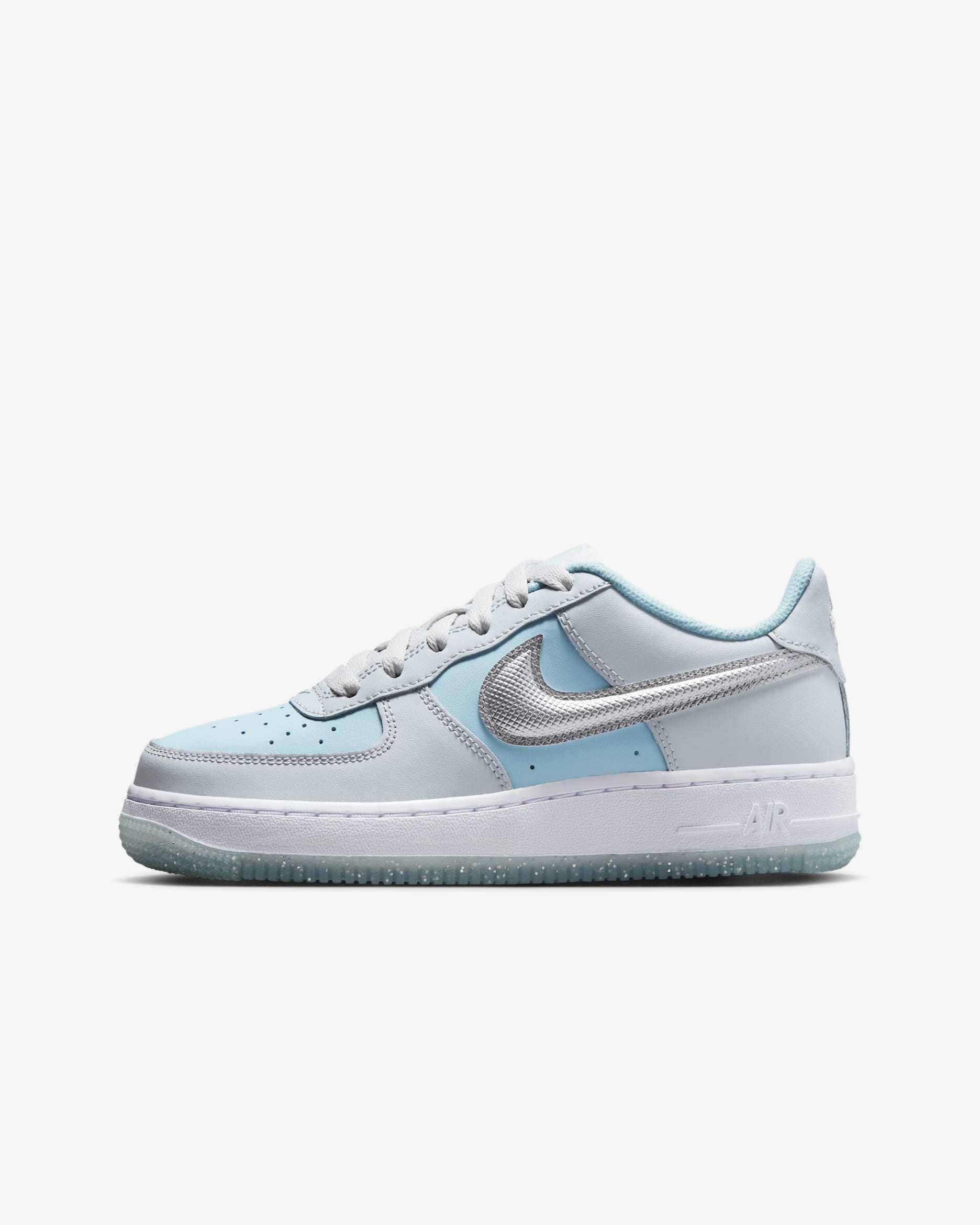 Tenis para niños grandes Nike Air Force 1 - Platino puro/Azul glacial/Plata metalizado