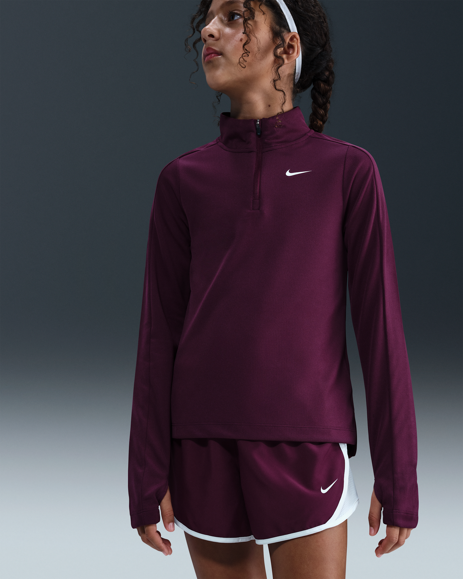 Dívčí tričko Nike Dri-FIT s dlouhým rukávem a čtvrtinovým zipem - Bordeaux/Bílá