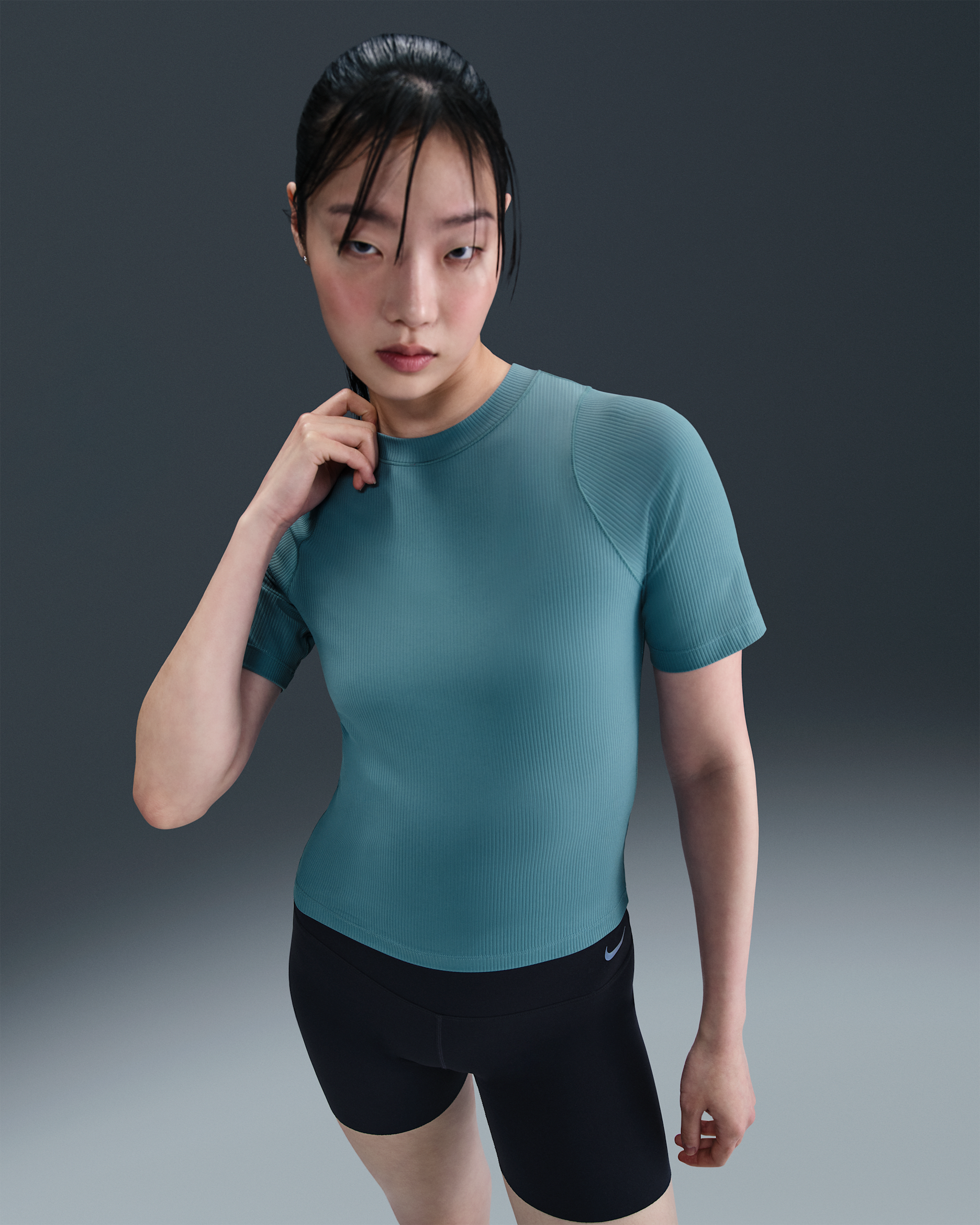 Nike Zenvy Rib Women's Dri-FIT Short-Sleeve Top - Smokey Blue/White